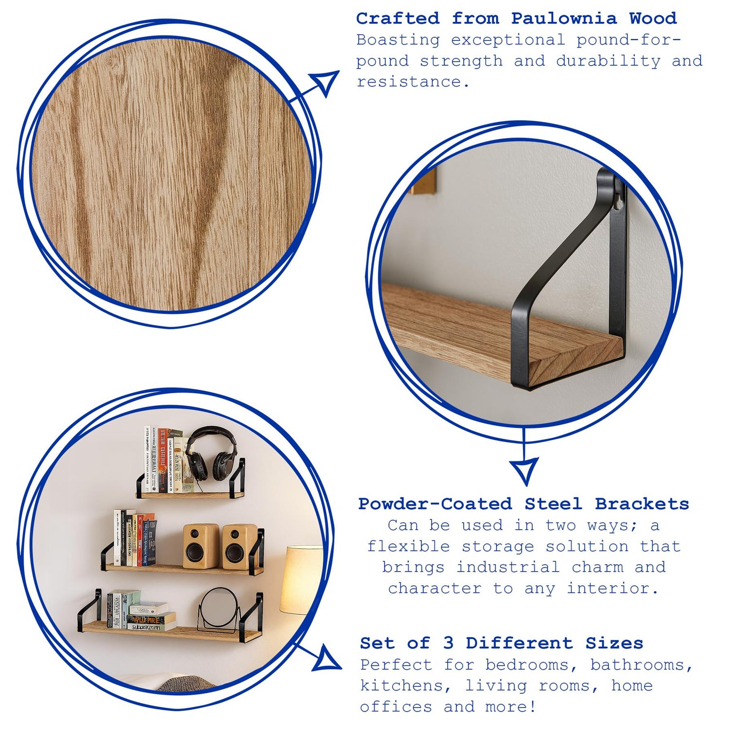 3pc Rustic Wooden Floating Shelves Set - Natural