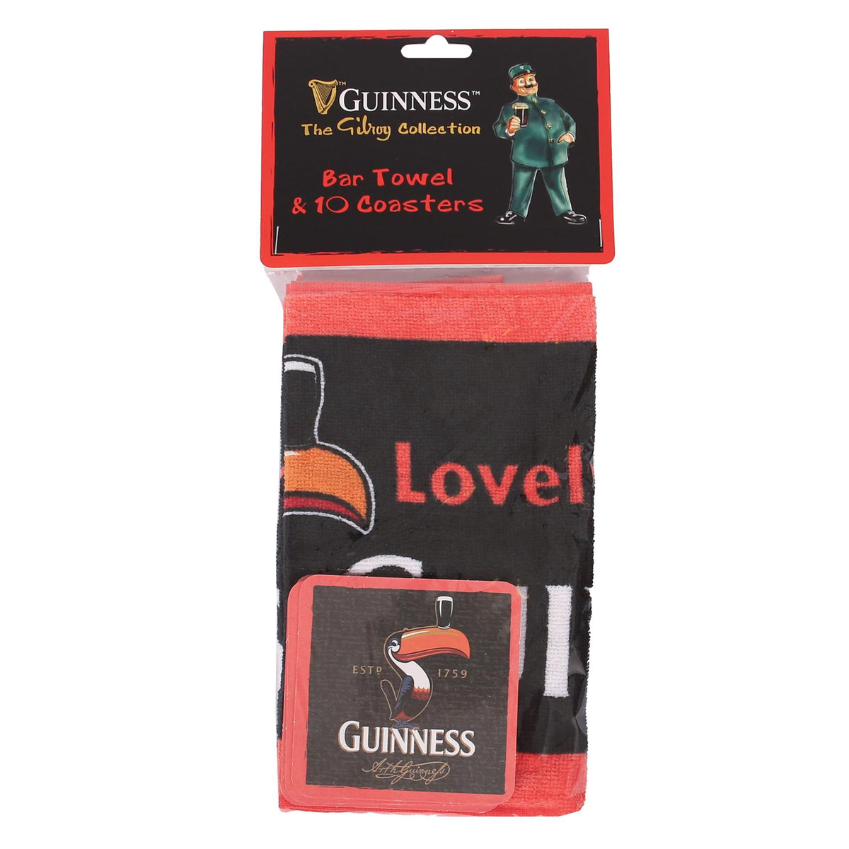 Guinness Toucan Bar Towel & Coasters Set - 23 x 48cm - Black/Red