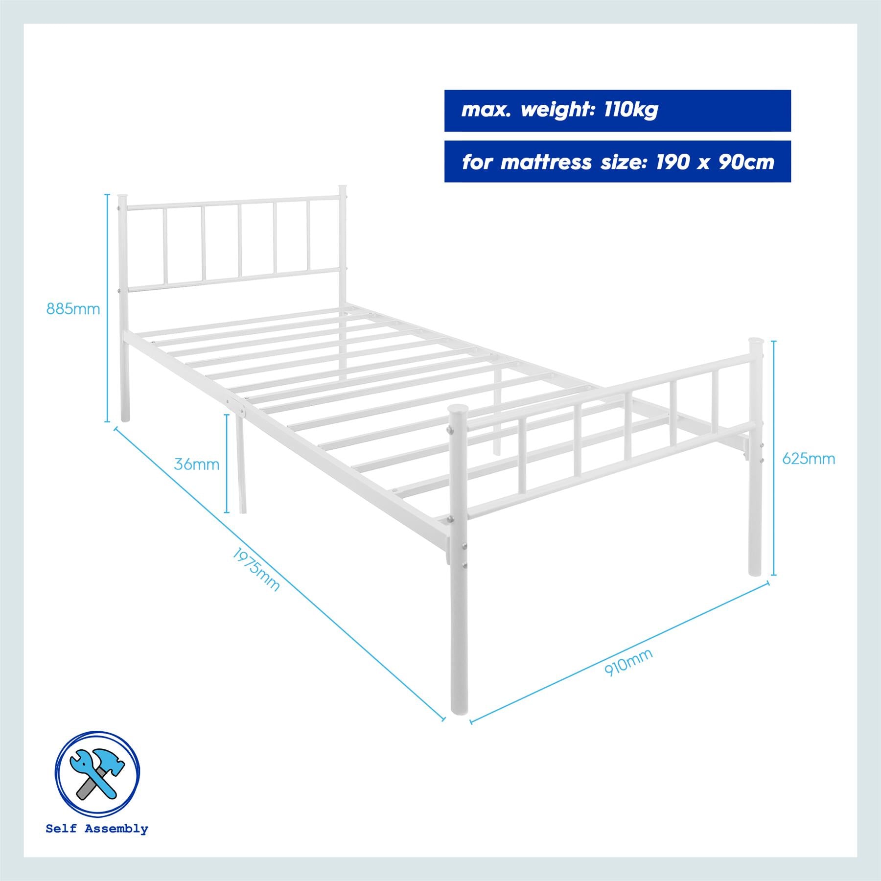 3ft Single Metal Bed Frame - White