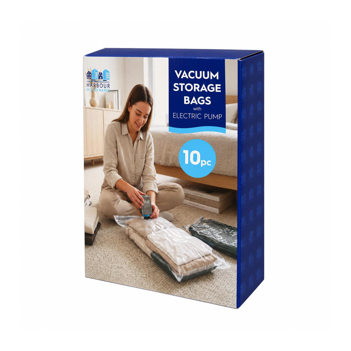 10 Piece Vacuum Storage Bag Set with Electric Pump - 3 Sizes