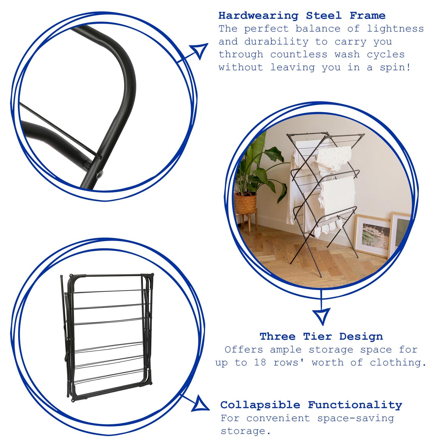 3 Tier Foldable Clothes Airer - Black