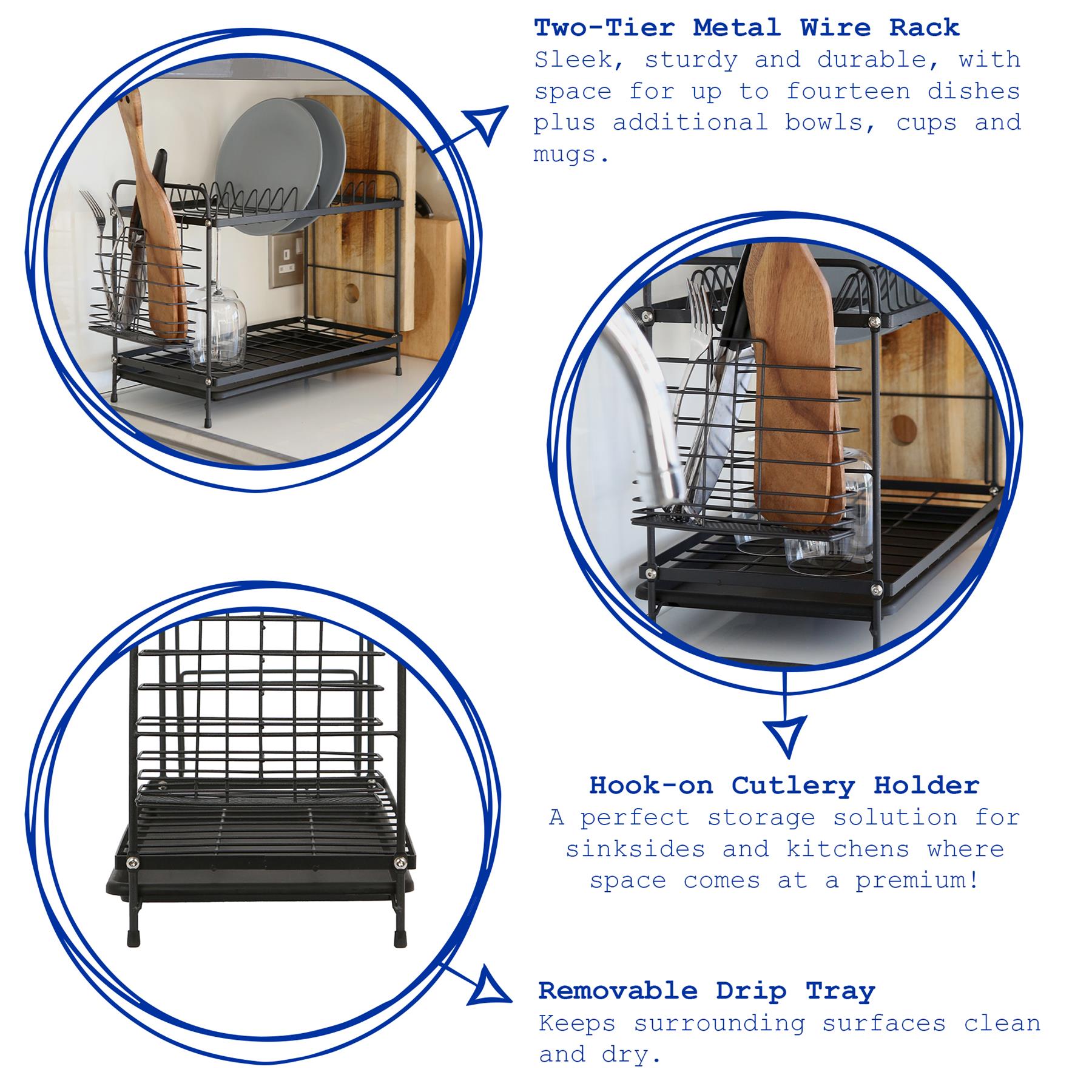 Metal 2-Tier Dish Drainer Rack with Drip Tray - Black