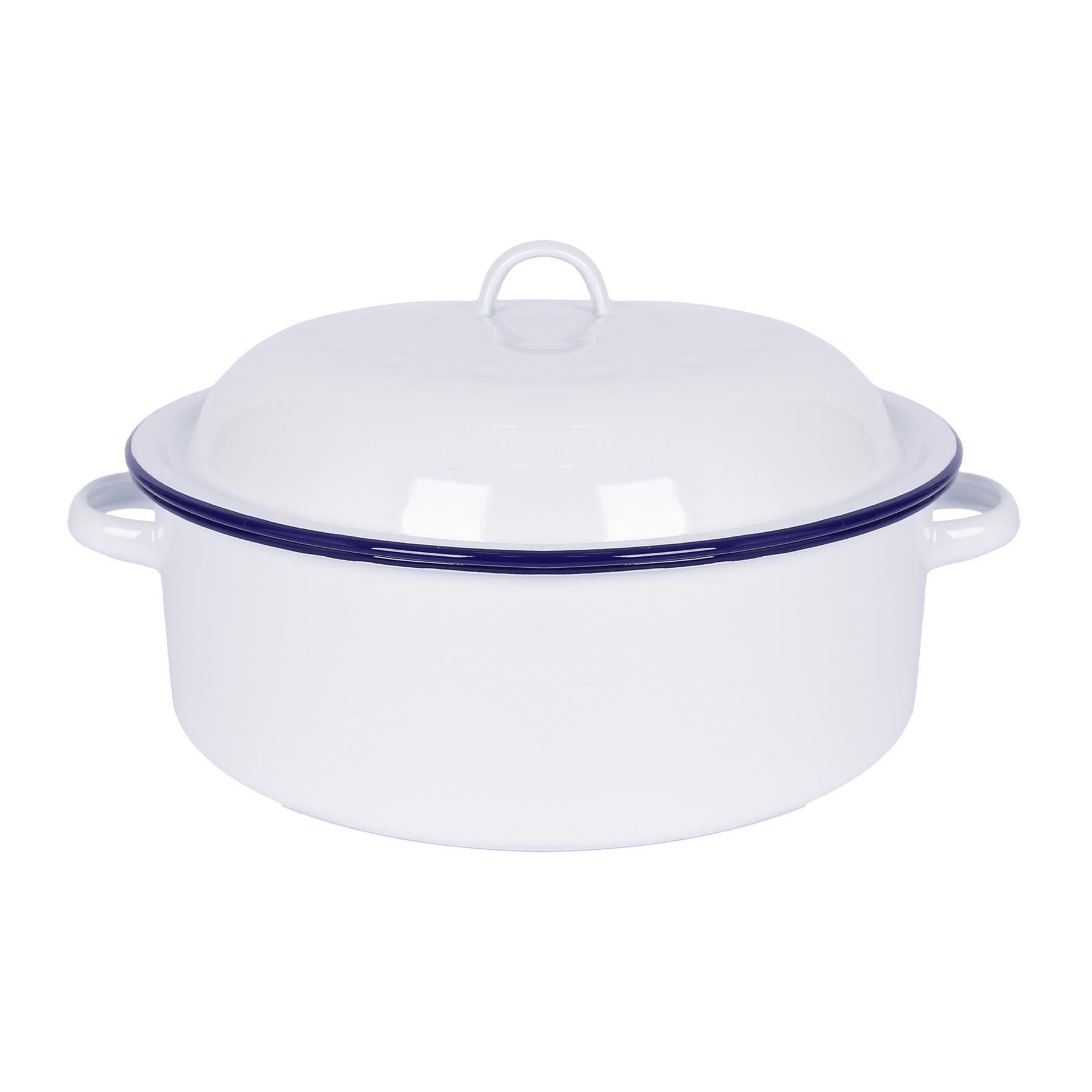 White Round Enamel Roaster - 30cm - Blue