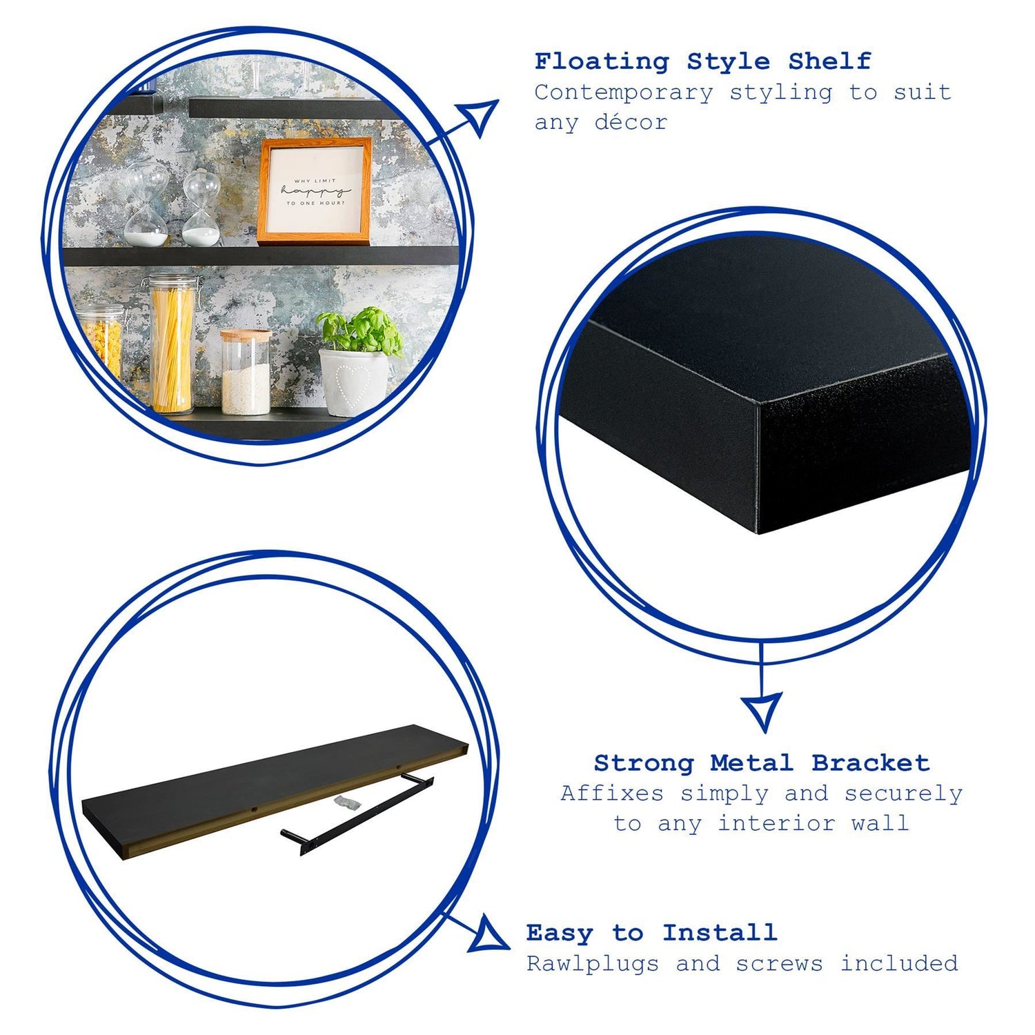 100cm Modern Floating Wall Shelf - Black