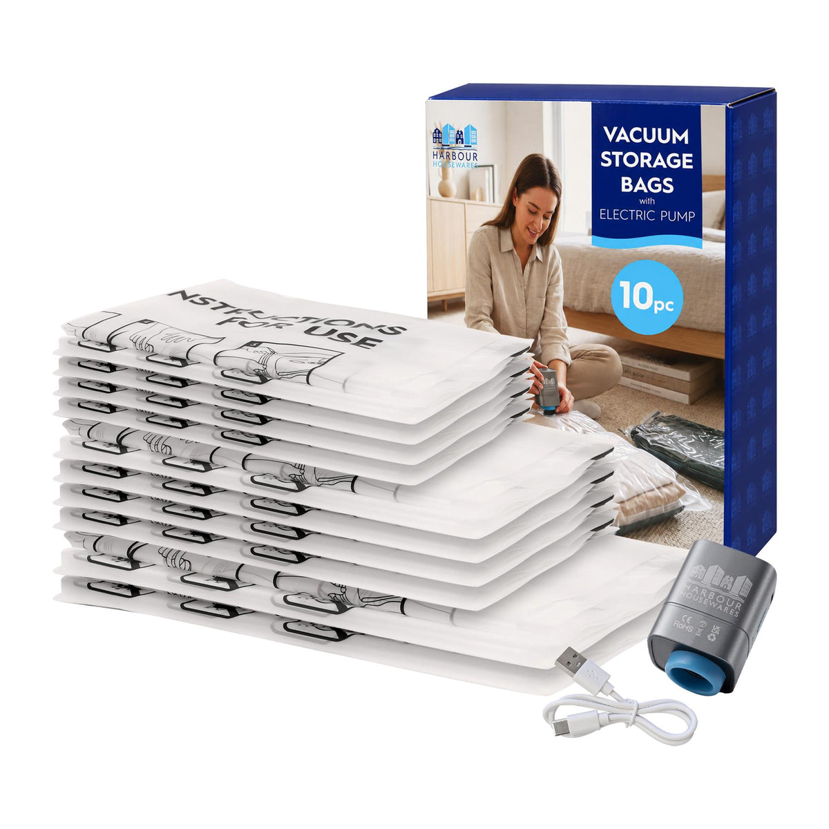 10 Piece Vacuum Storage Bag Set with Electric Pump - 3 Sizes