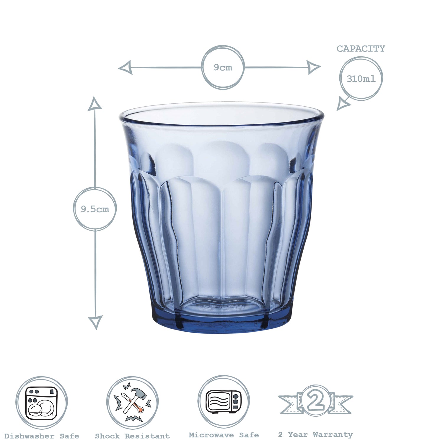 Duralex Picardie Traditional Glass Drinking Tumbler - Blue - 310ml