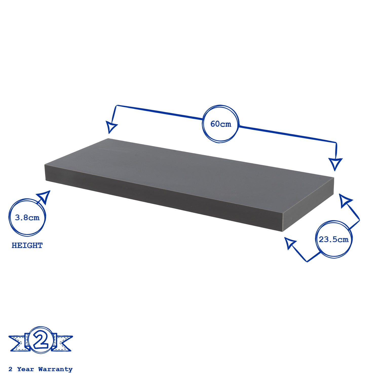 Medium Rectangular Wooden Floating Wall Shelf - 60cm - Grey