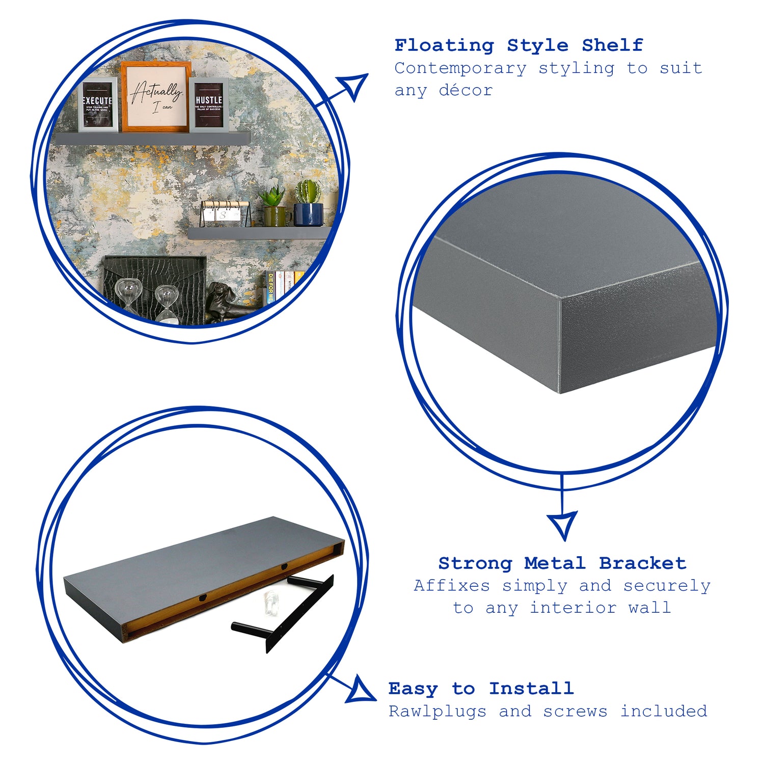 Medium Rectangular Wooden Floating Wall Shelf - 60cm - Grey