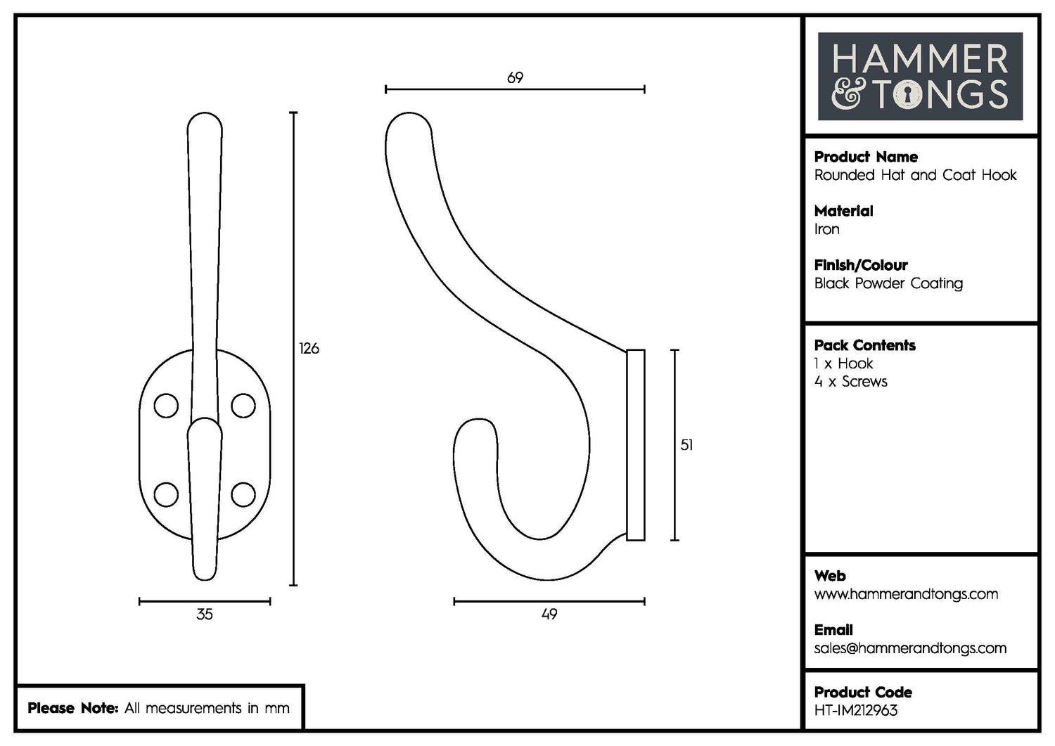 Rounded Hat & Coat Hook - W35mm x H125mm - Black