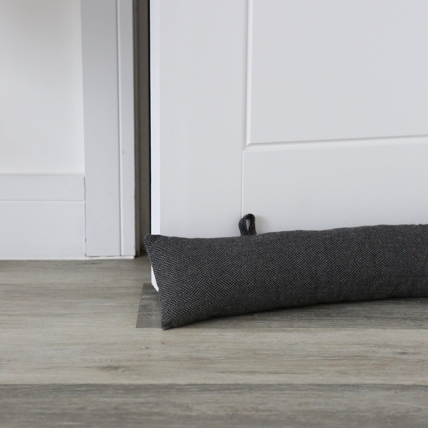 Nicola Spring Fabric Draught Excluder - Grey Herringbone with Hanging Loops