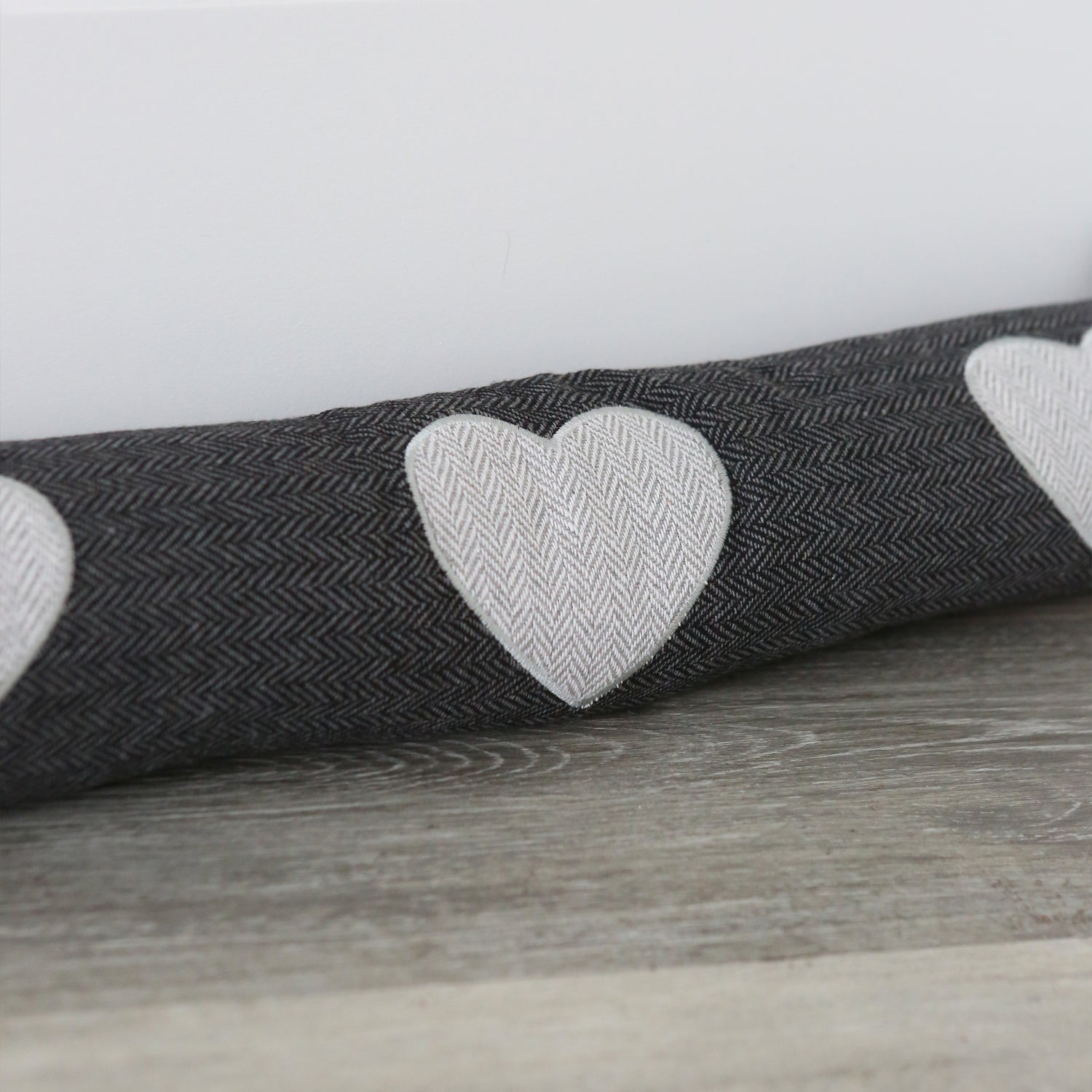 Nicola Spring Fabric Draught Excluder - Grey Herringbone with Hearts