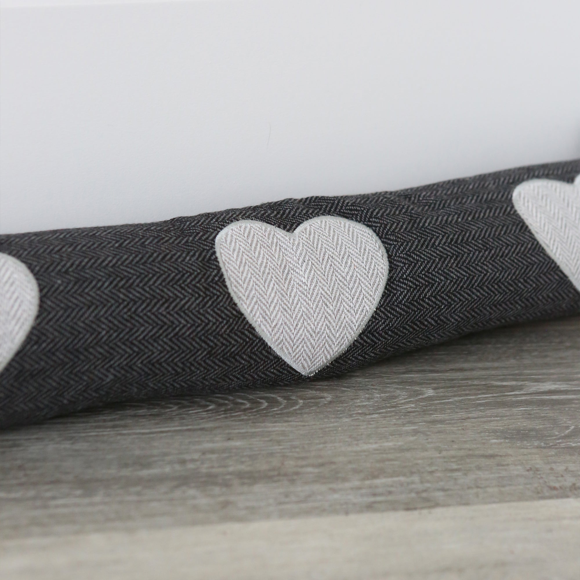 Nicola Spring Fabric Draught Excluder - Grey Herringbone with Hearts
