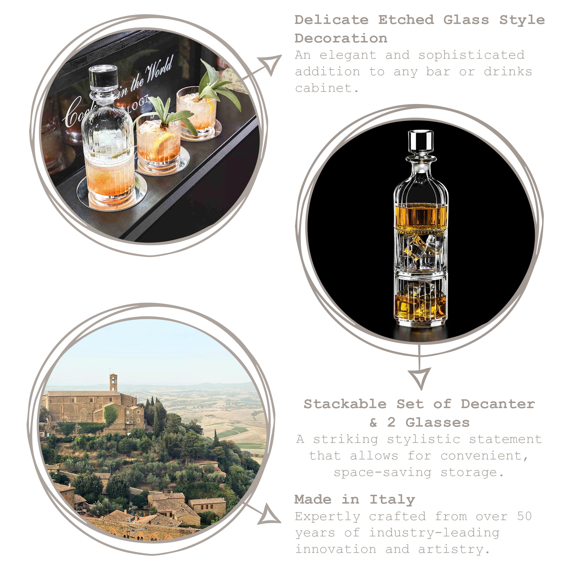 3 Piece 345ml Timeless Combo Stacking Glass Whisky Decanter Set