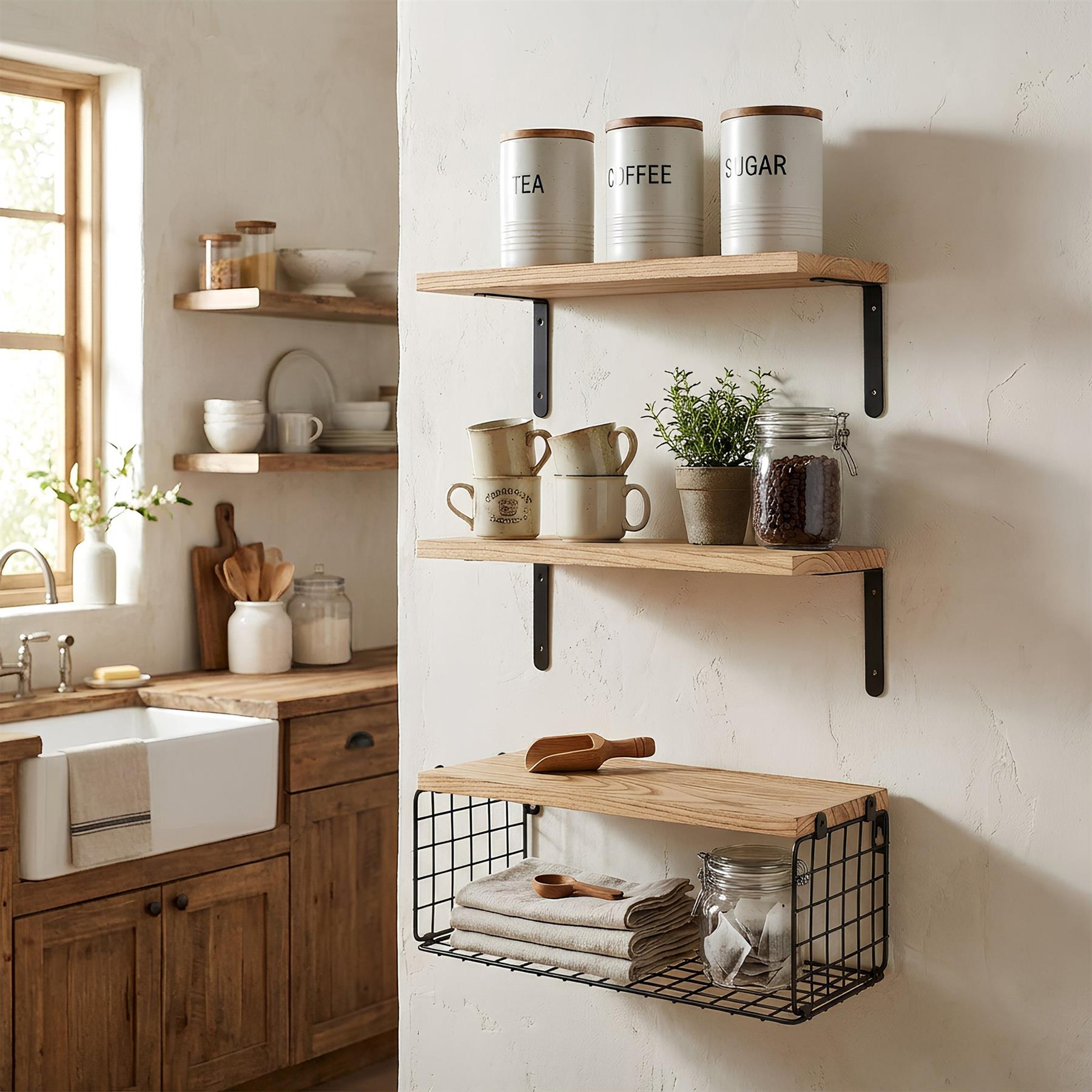 Set of 3 Rustic Wooden Bathroom Shelves with Wire Storage Basket