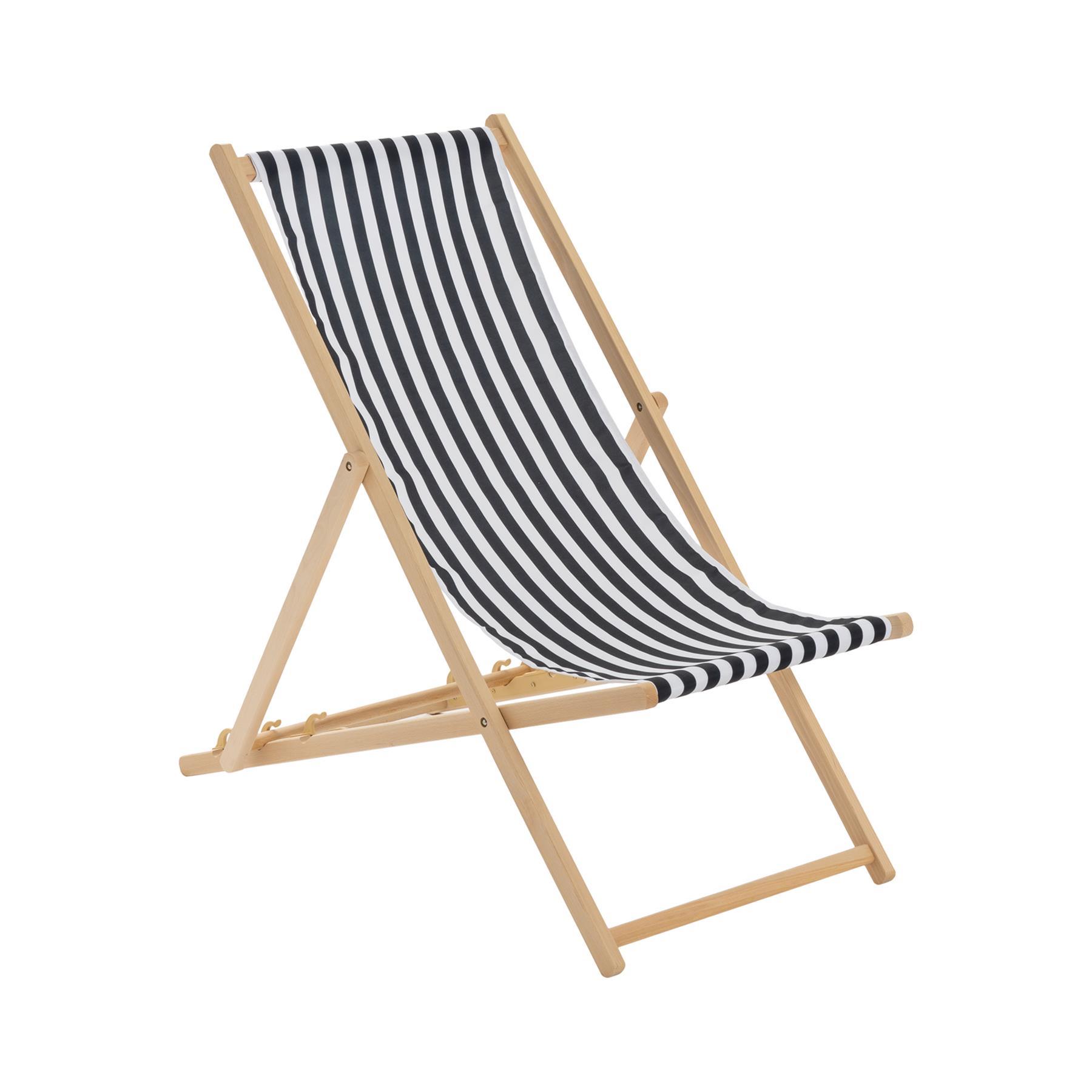 Harbour Housewares Beach Deck Chair - Black/White Stripes with Beech Wood Frame