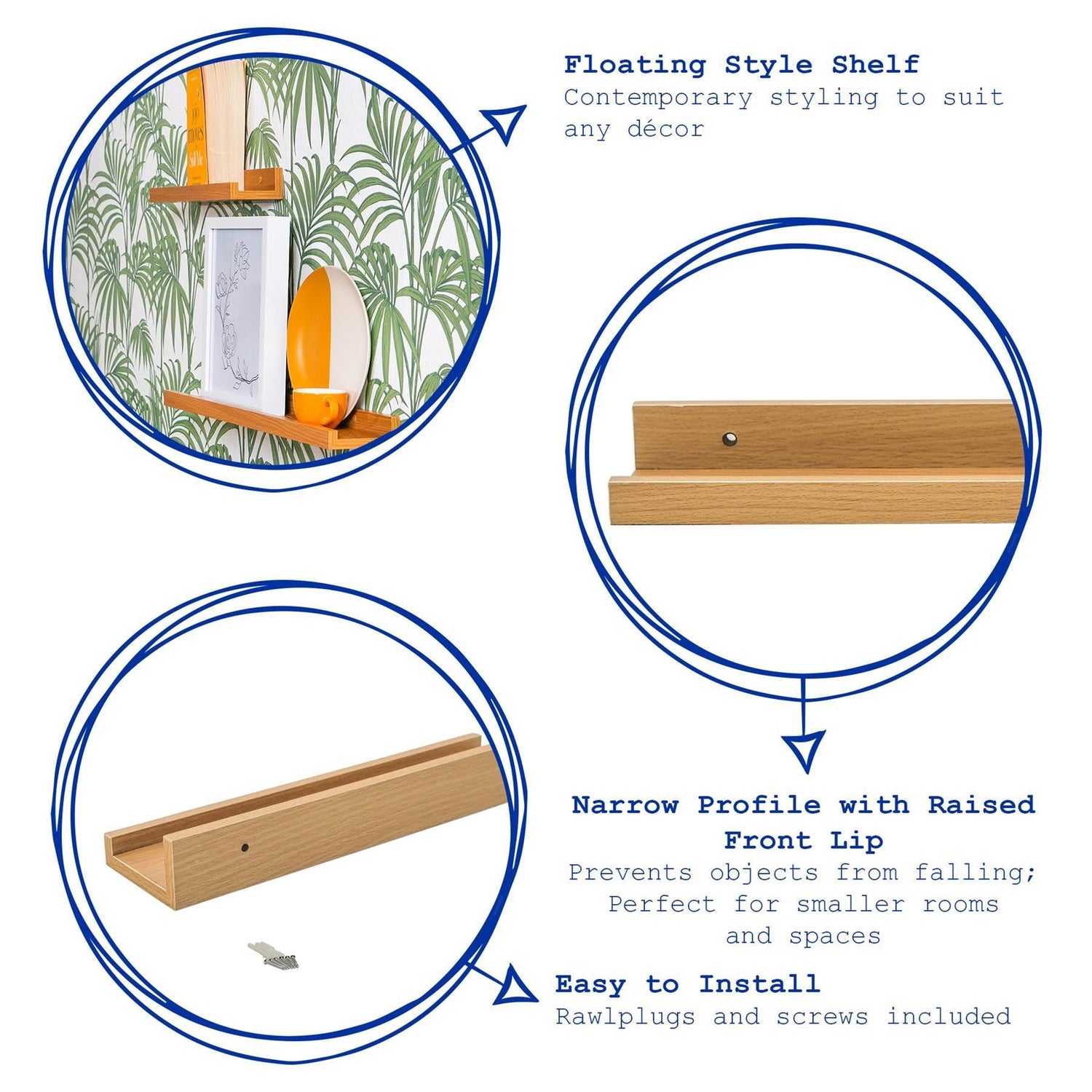 57cm Floating Picture Ledge Wall Shelf - Natural Beech