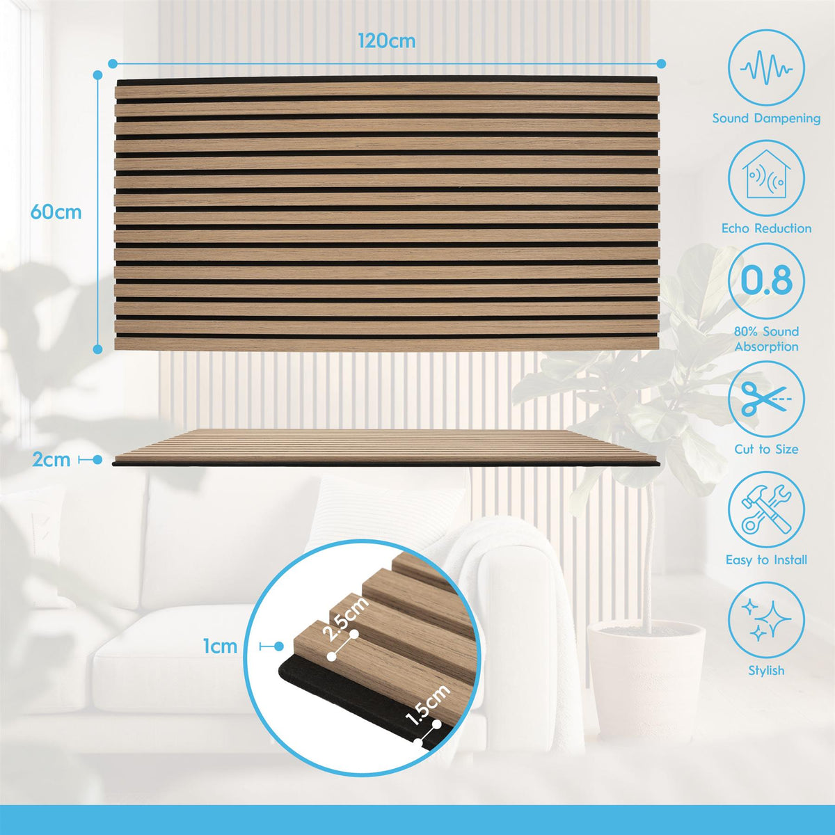 Wooden Acoustic Wall Panel - 120 x 60cm - Walnut/Black