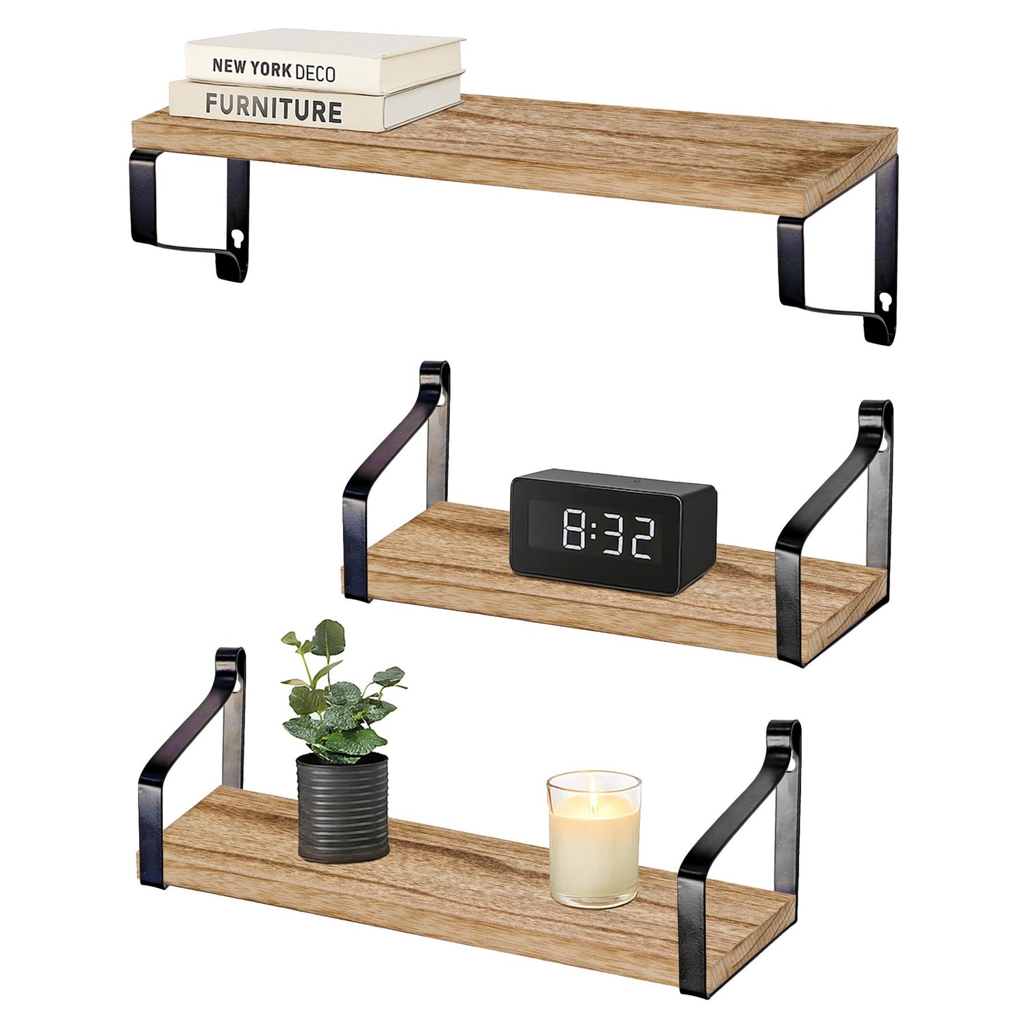 3pc Rustic Wooden Floating Shelves Set - Natural