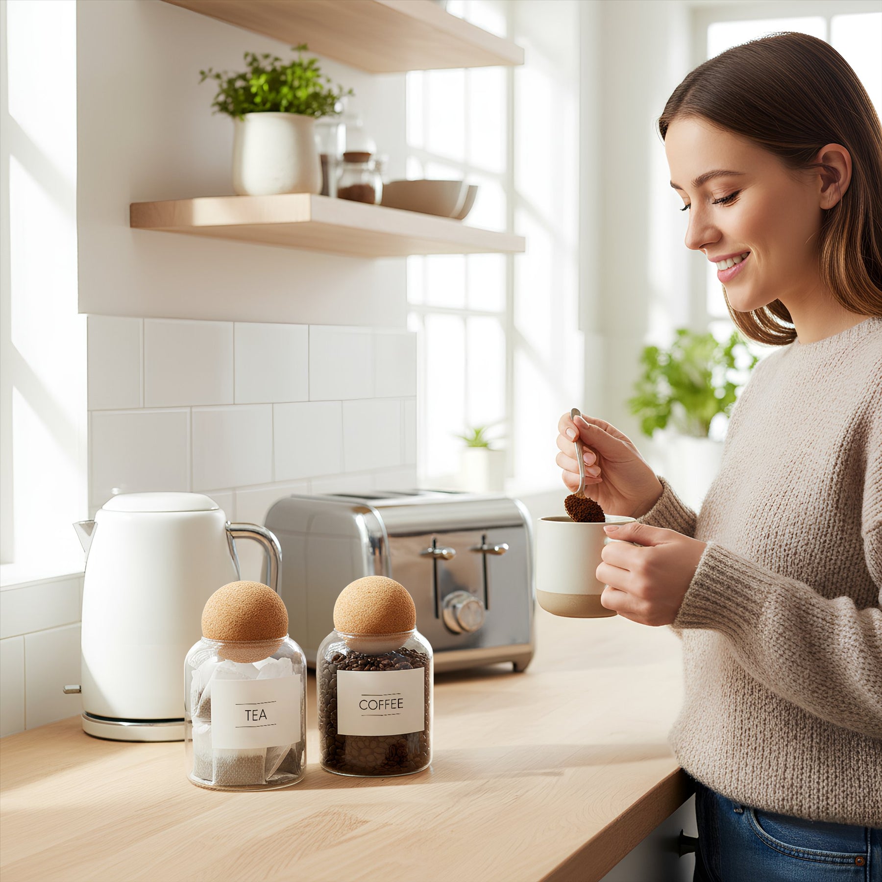 Cork Ball Lid Glass Tea Coffee Sugar Jars - Pack of 3