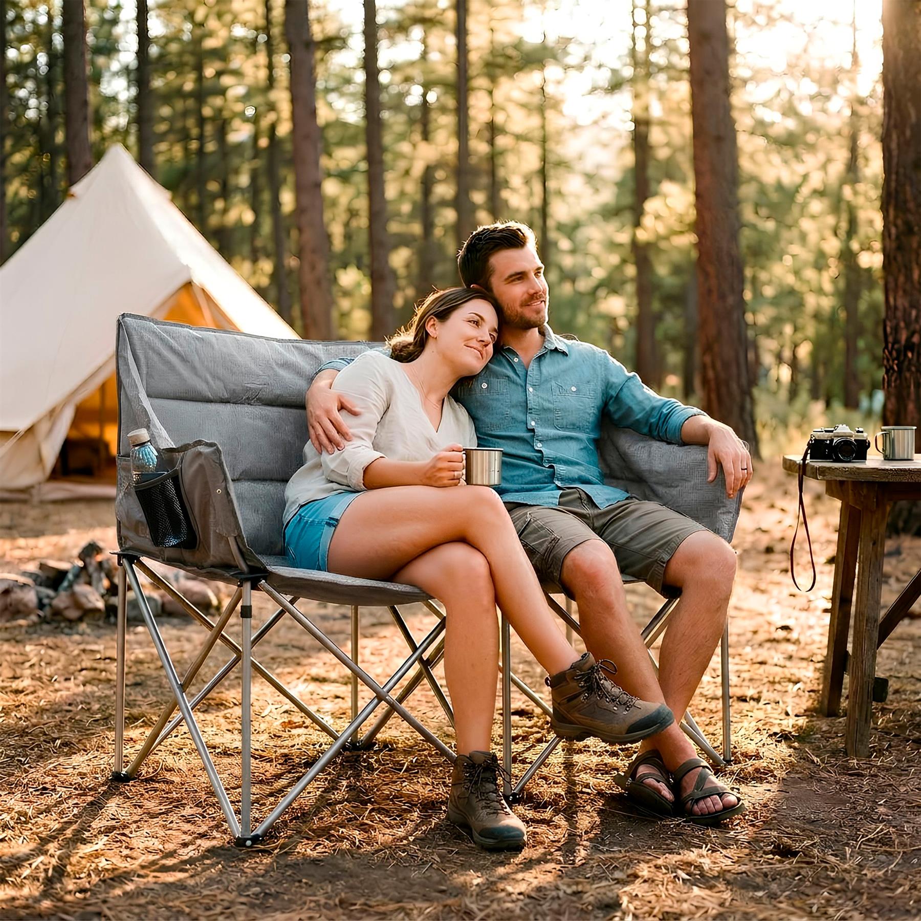 Padded Folding Double Camping Chair - Grey