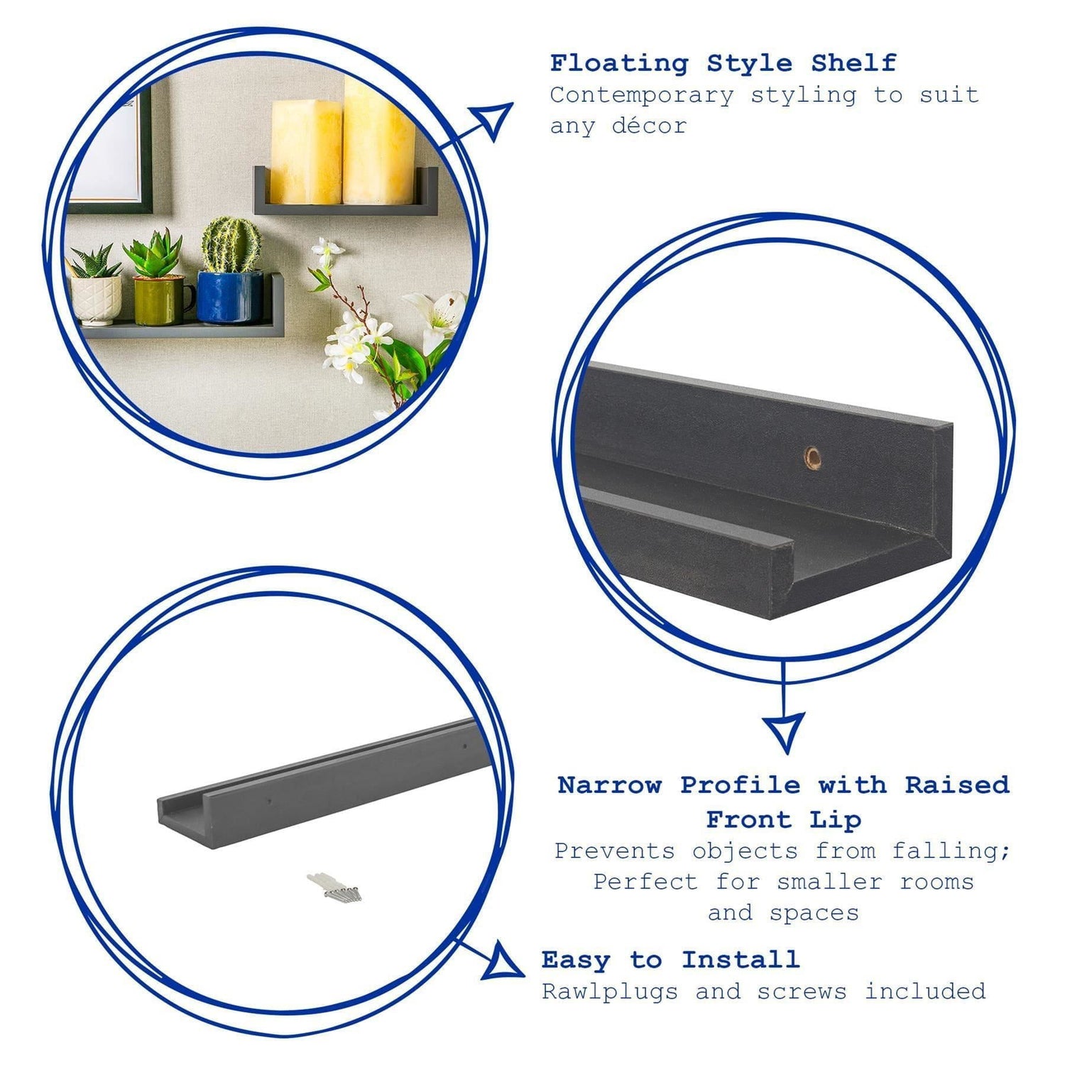 57cm Floating Picture Ledge Wall Shelf - Grey