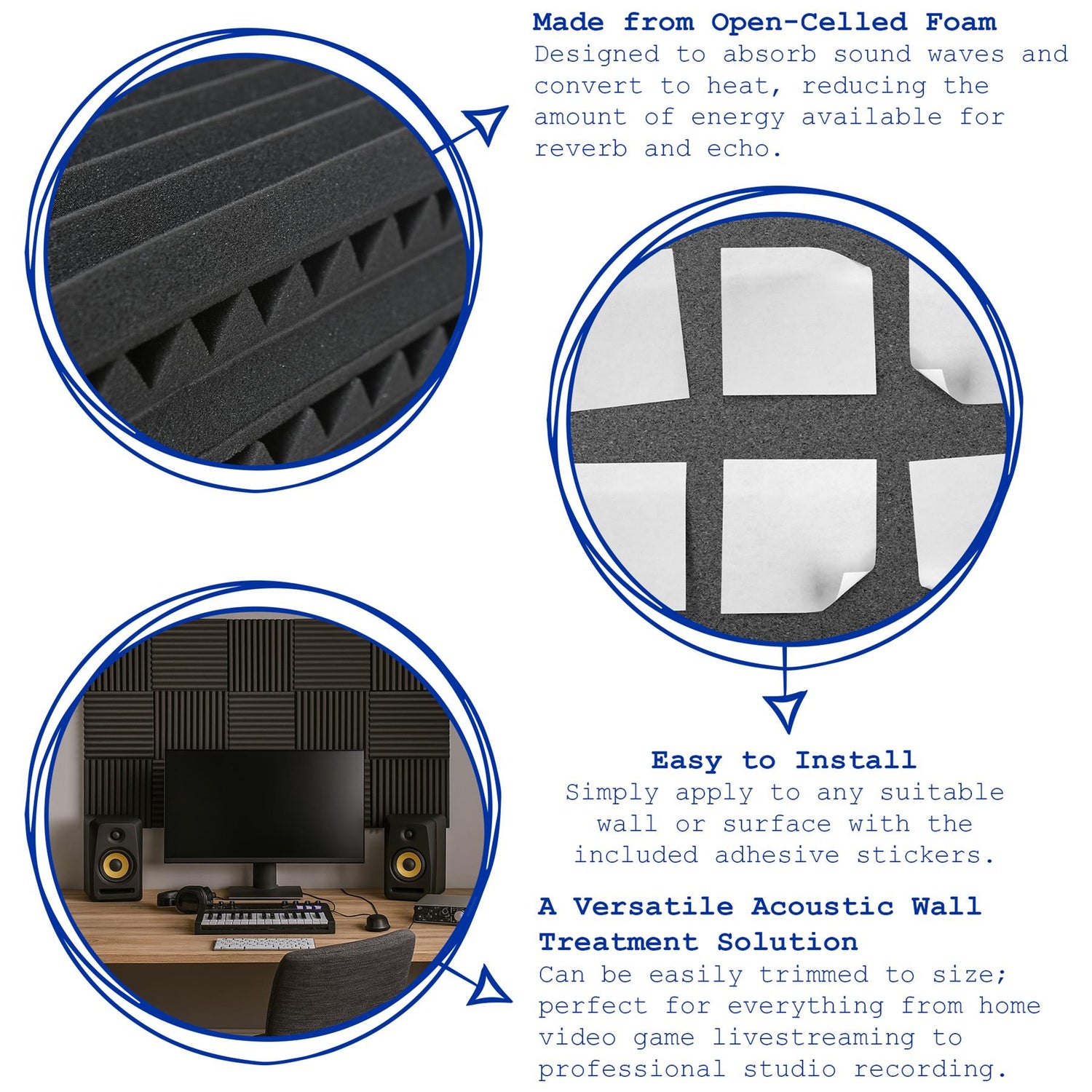 Square Foam Acoustic Panels - 2.5 x 30 x 30cm - Black - Pack of 12