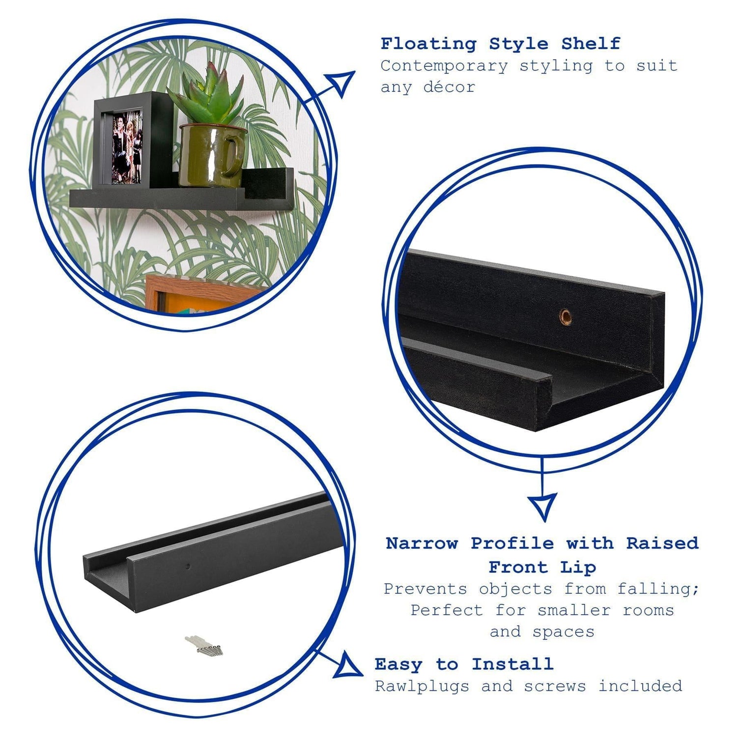 57cm Floating Picture Ledge Wall Shelf - Black
