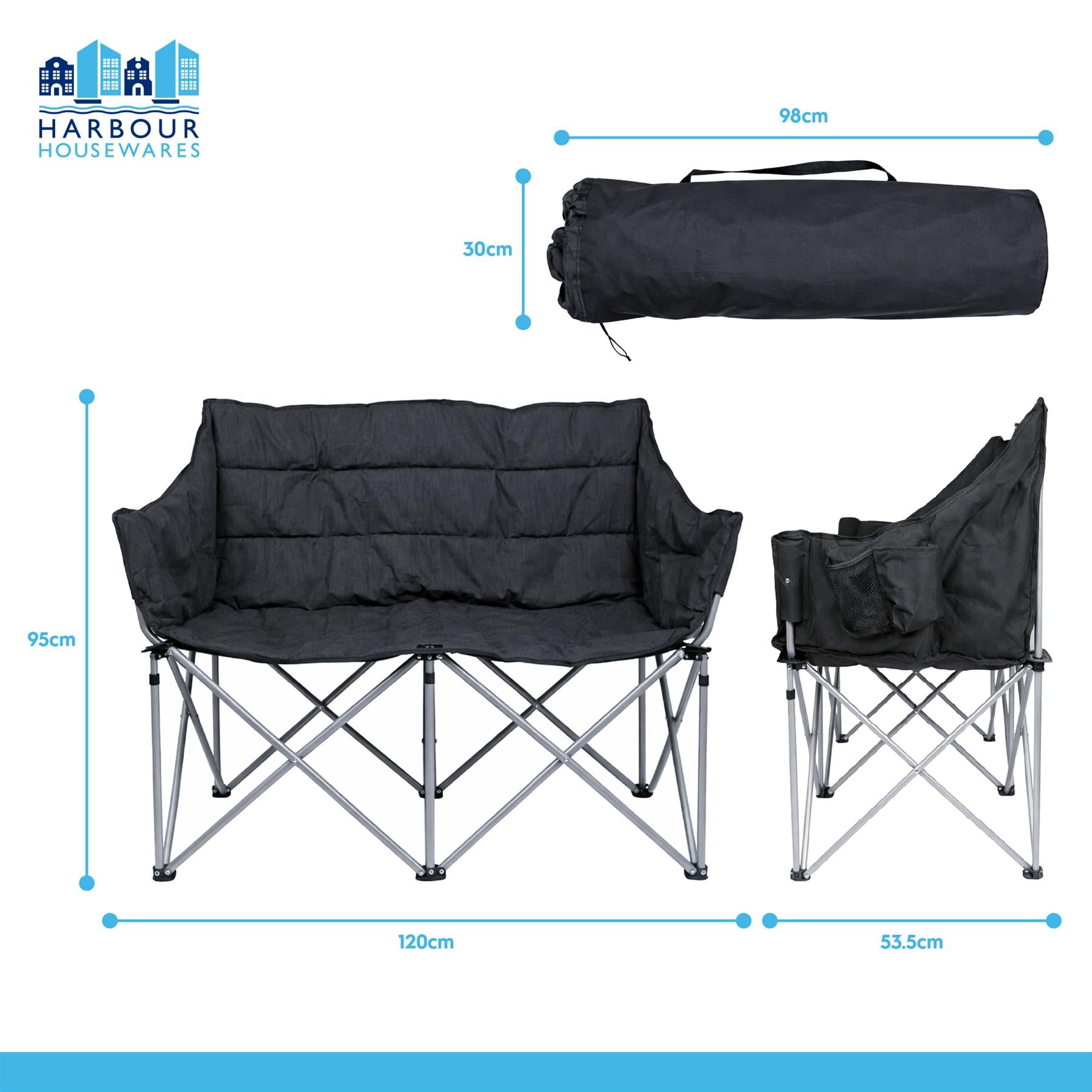 Padded Folding Double Camping Chair - Black