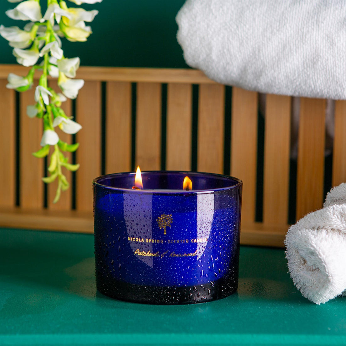 350g Double Wick Patchouli & Rosewood Soy Wax Scented Candle - by Nicola Spring