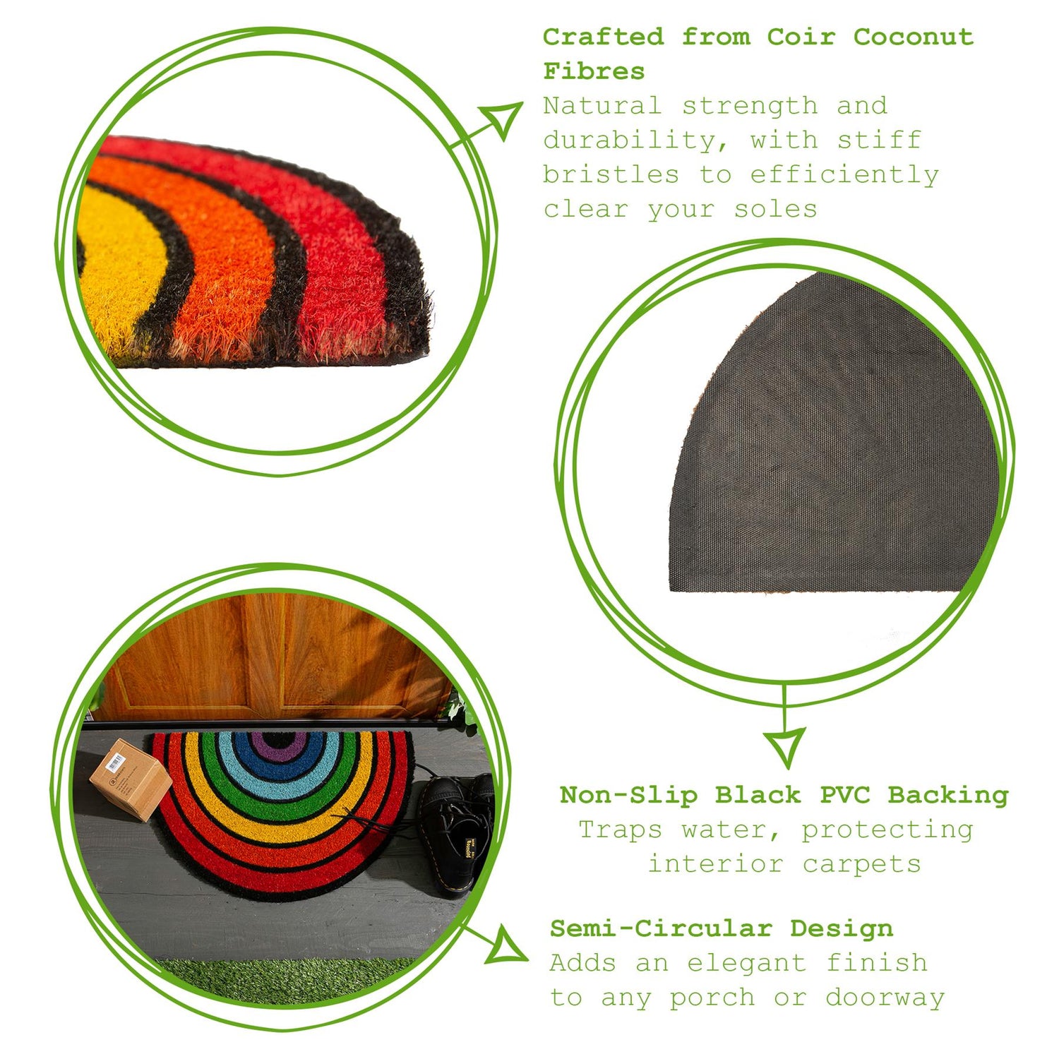 Coir Half Moon Door Mat - 60 x 40cm - Rainbow