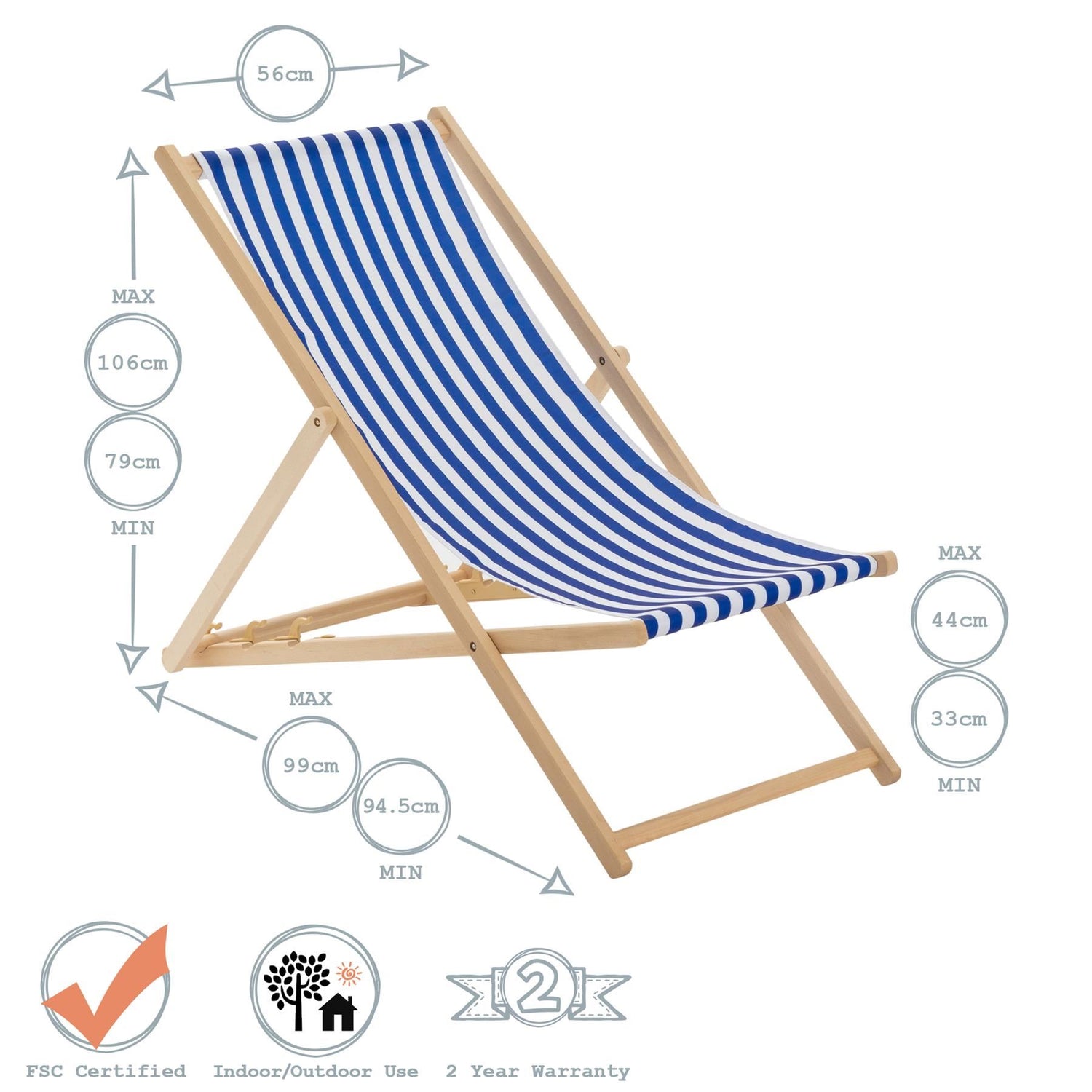 Beach Deck Chair - Sage Grey Stripe with Beech Wood Frame