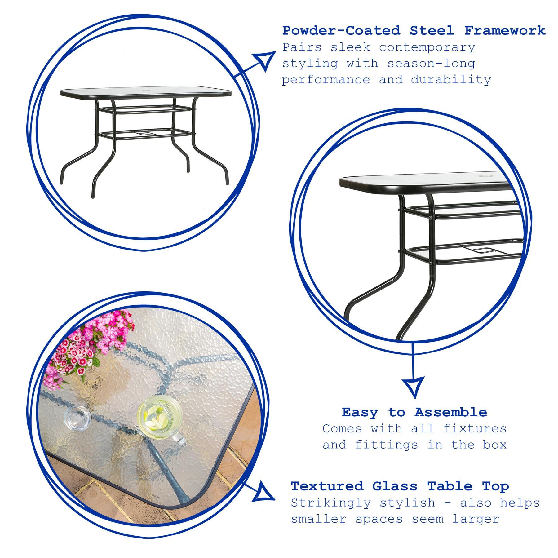 Metal Glass Top Garden Table - 120cm x 70cm - Black