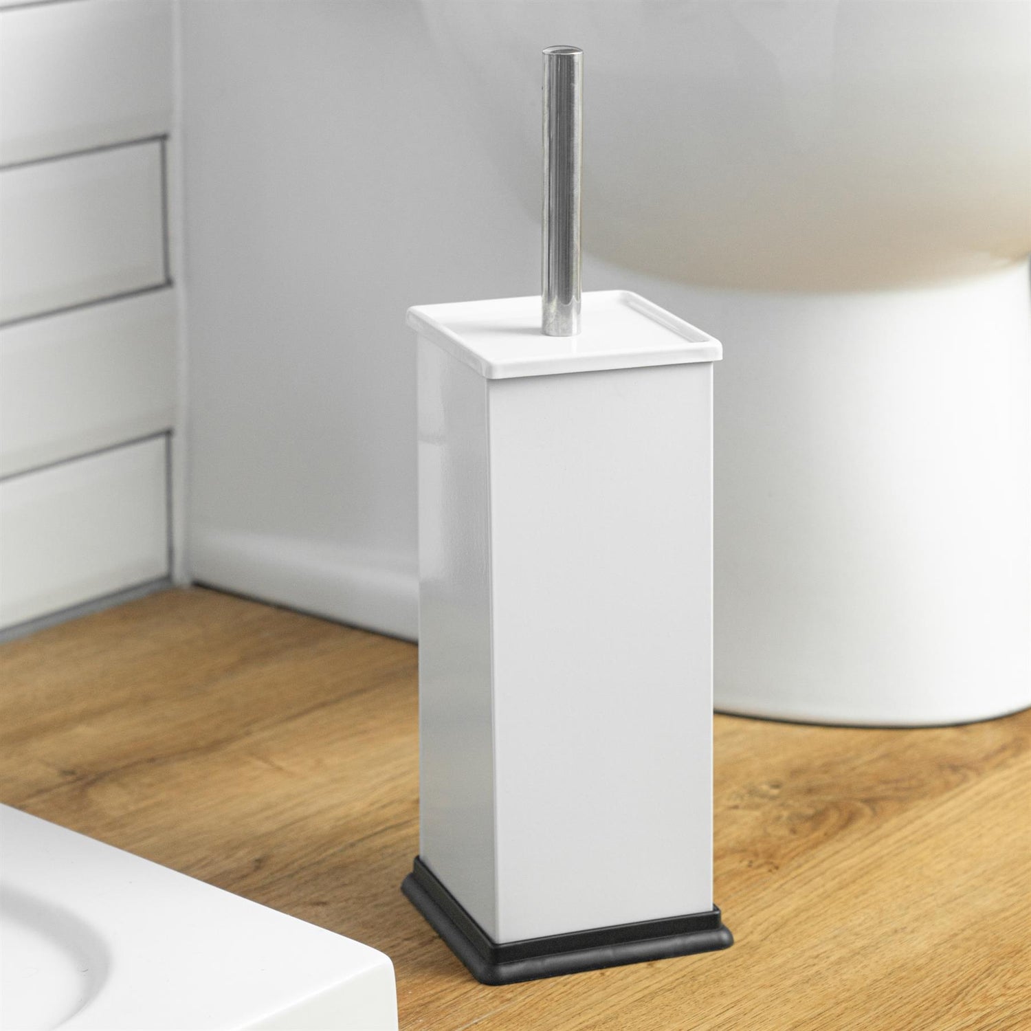 Harbour Housewares Square Steel Bathroom Toilet Brush & Holder Set - White