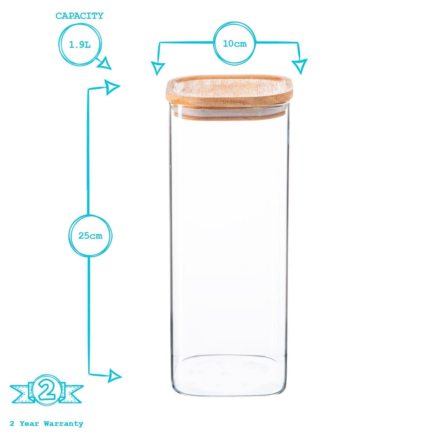 Square Glass Storage Jar with Wooden Lid - 1.9 Litre