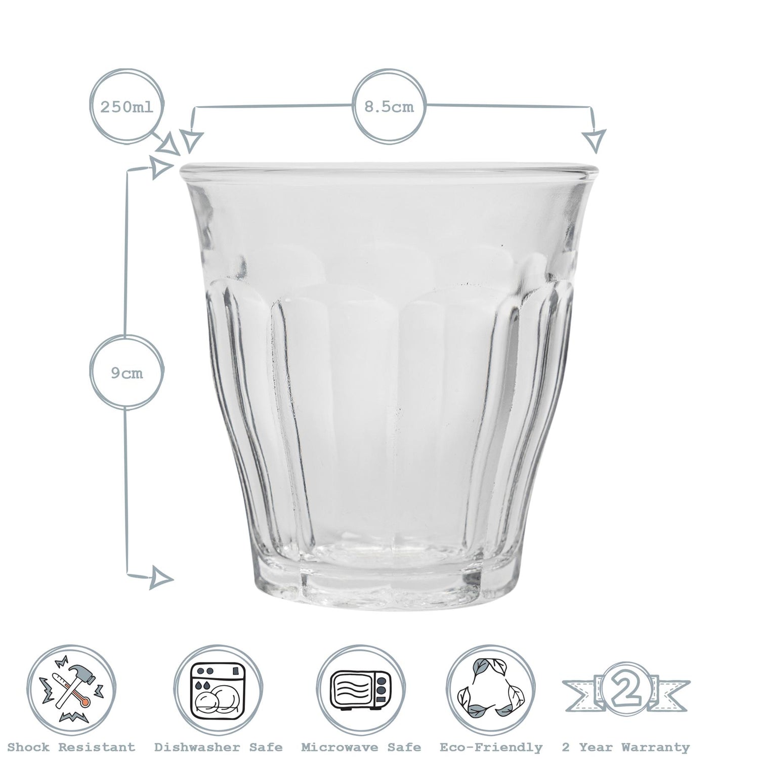 Duralex 6pc Picardie Tumbler Glasses Set Grey 250ml Dimensions