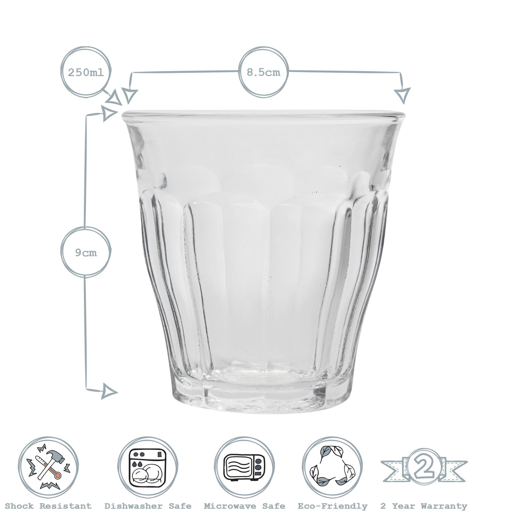 Duralex 6pc Picardie Tumbler Glasses Set Grey 250ml Dimensions