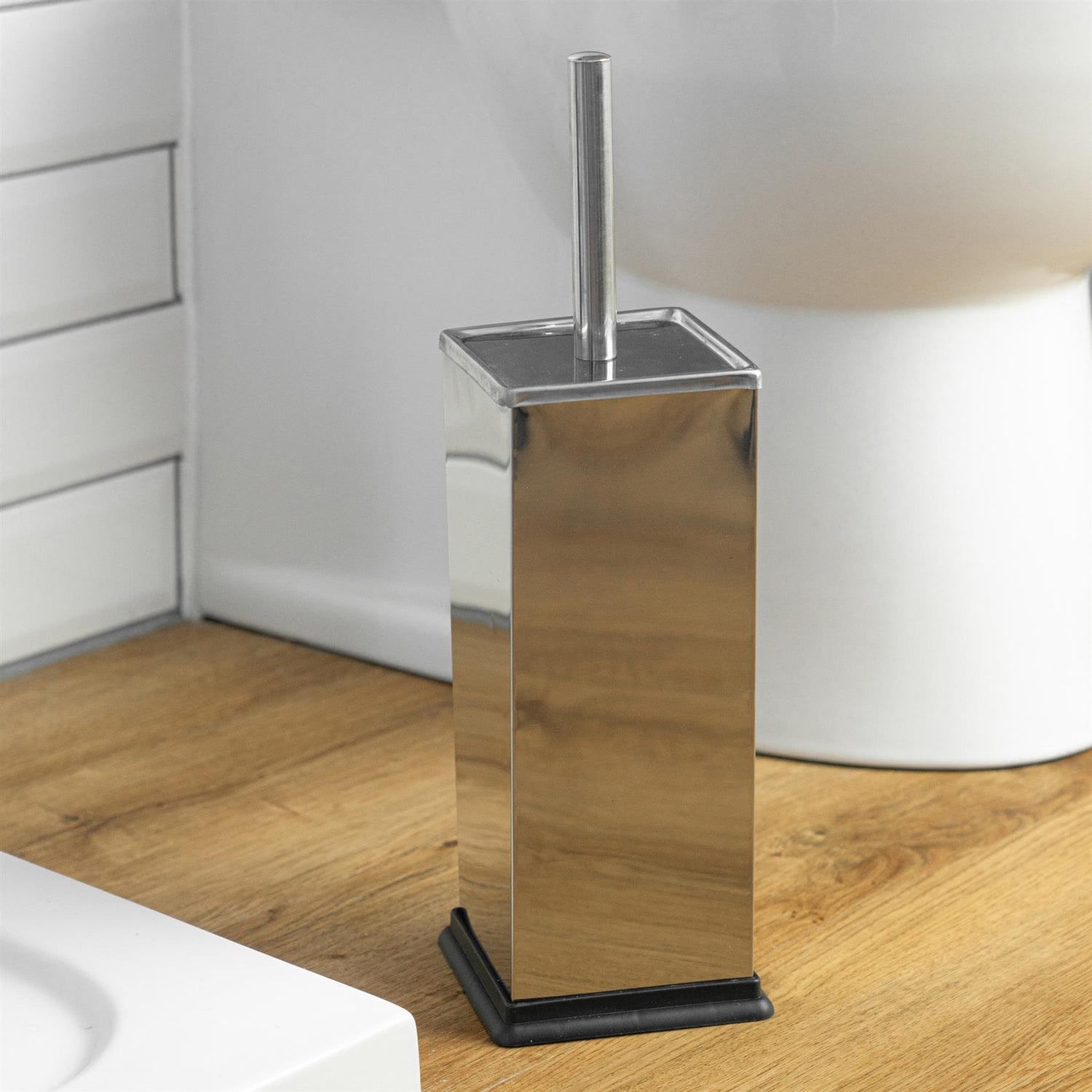 Harbour Housewares Square Steel Bathroom Toilet Brush & Holder Set - Chrome