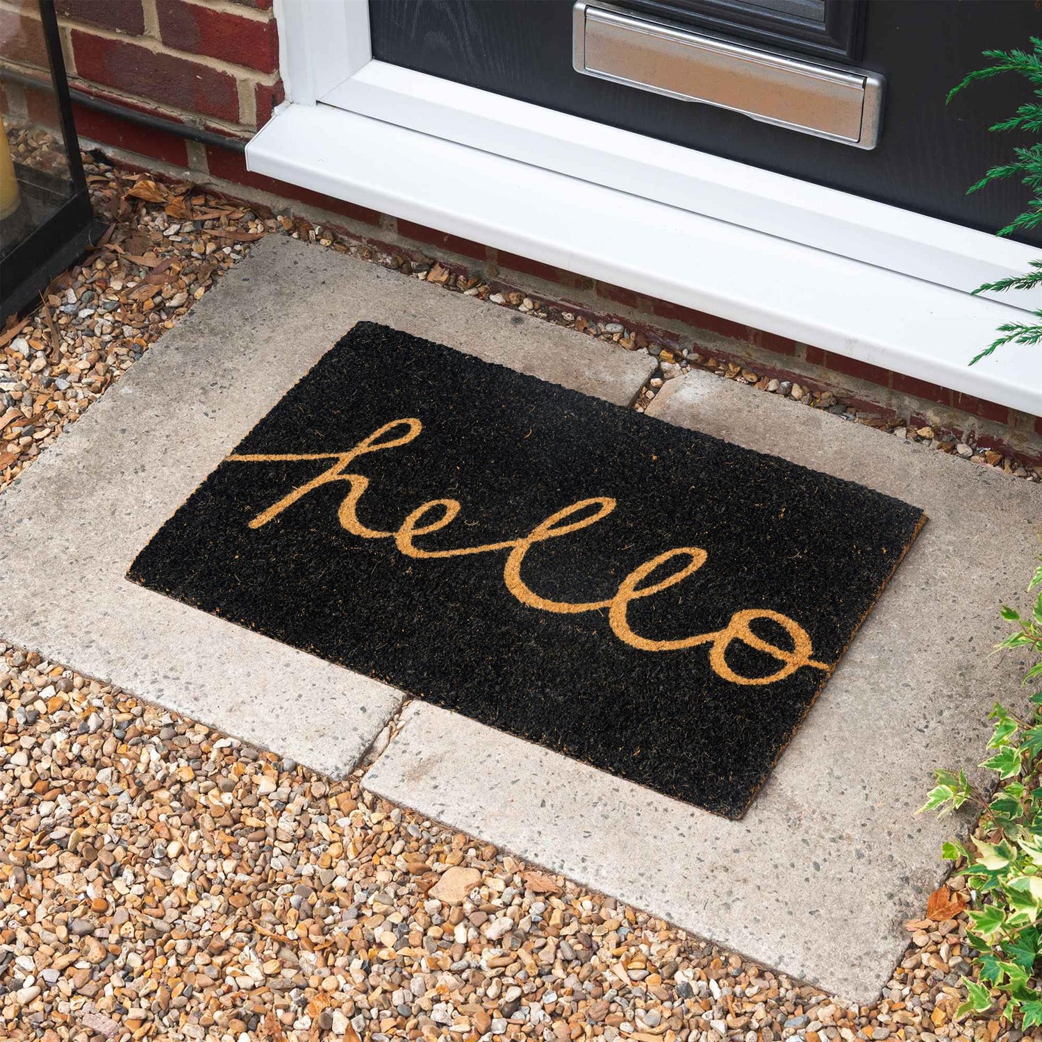 Nicola Spring Non-Slip Coir Door Mat - 60 x 40cm - Hello (Black) Exterior Doorstep