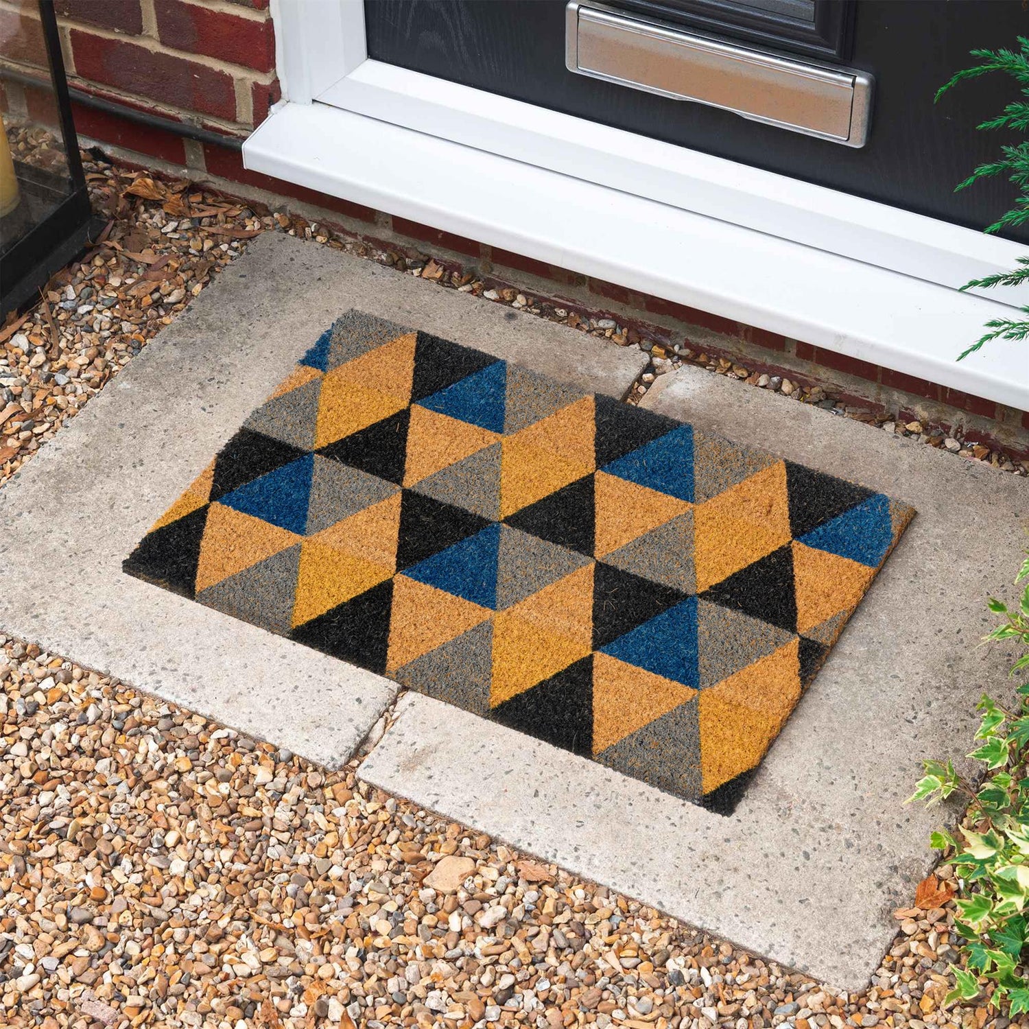 Nicola Spring Non-Slip Coir Door Mat - 60 x 40cm - Triangles (Grey) Exterior Doorstep
