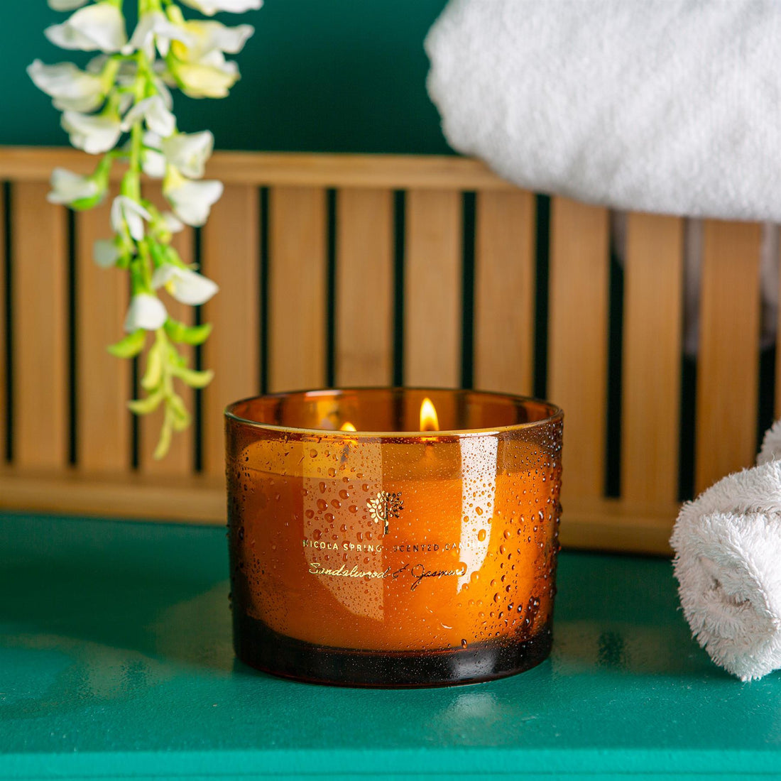 350g Double Wick Sandalwood & Jasmine Soy Wax Scented Candle - by Nicola Spring