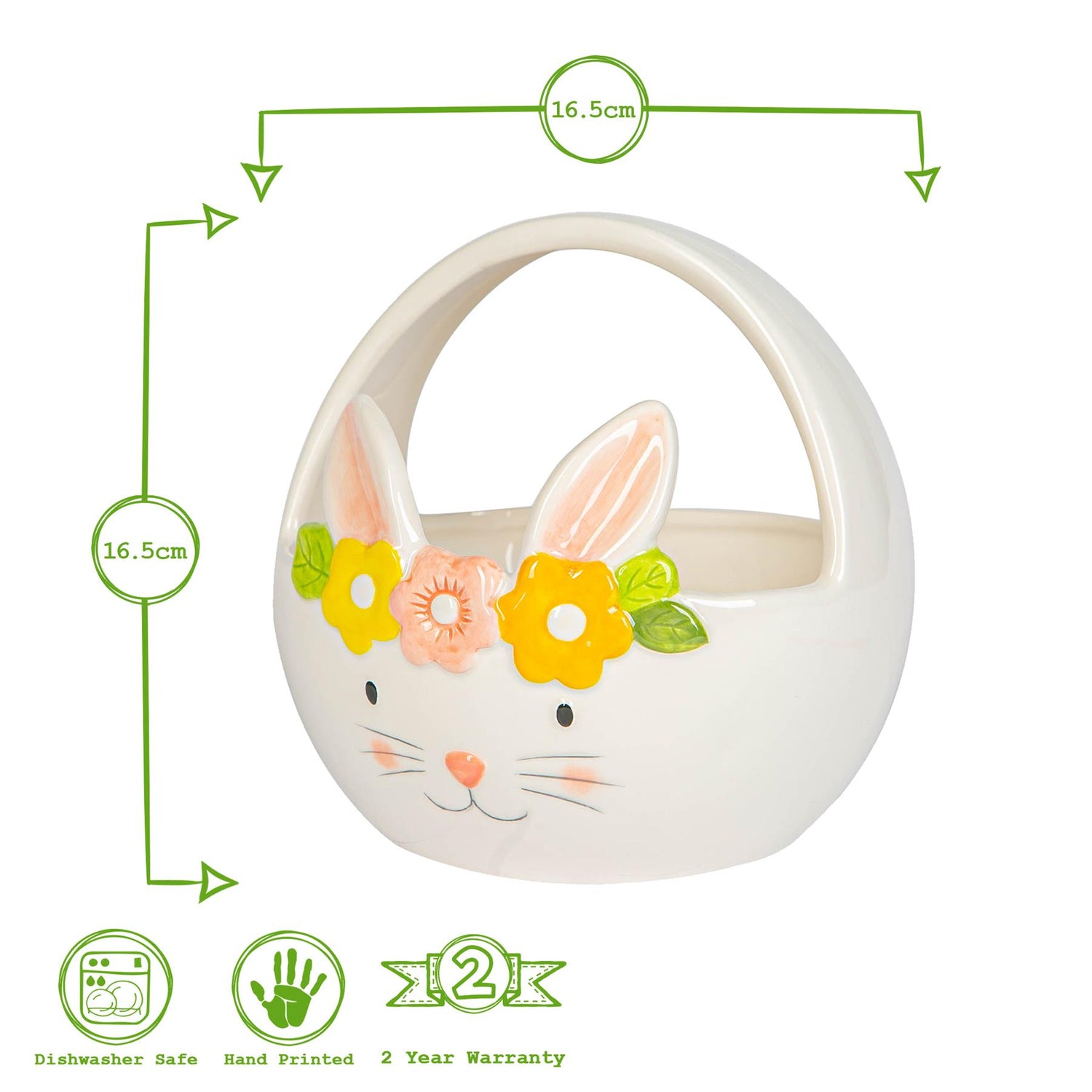 Yellow Flower Bunny Basket - 16.5cm - White