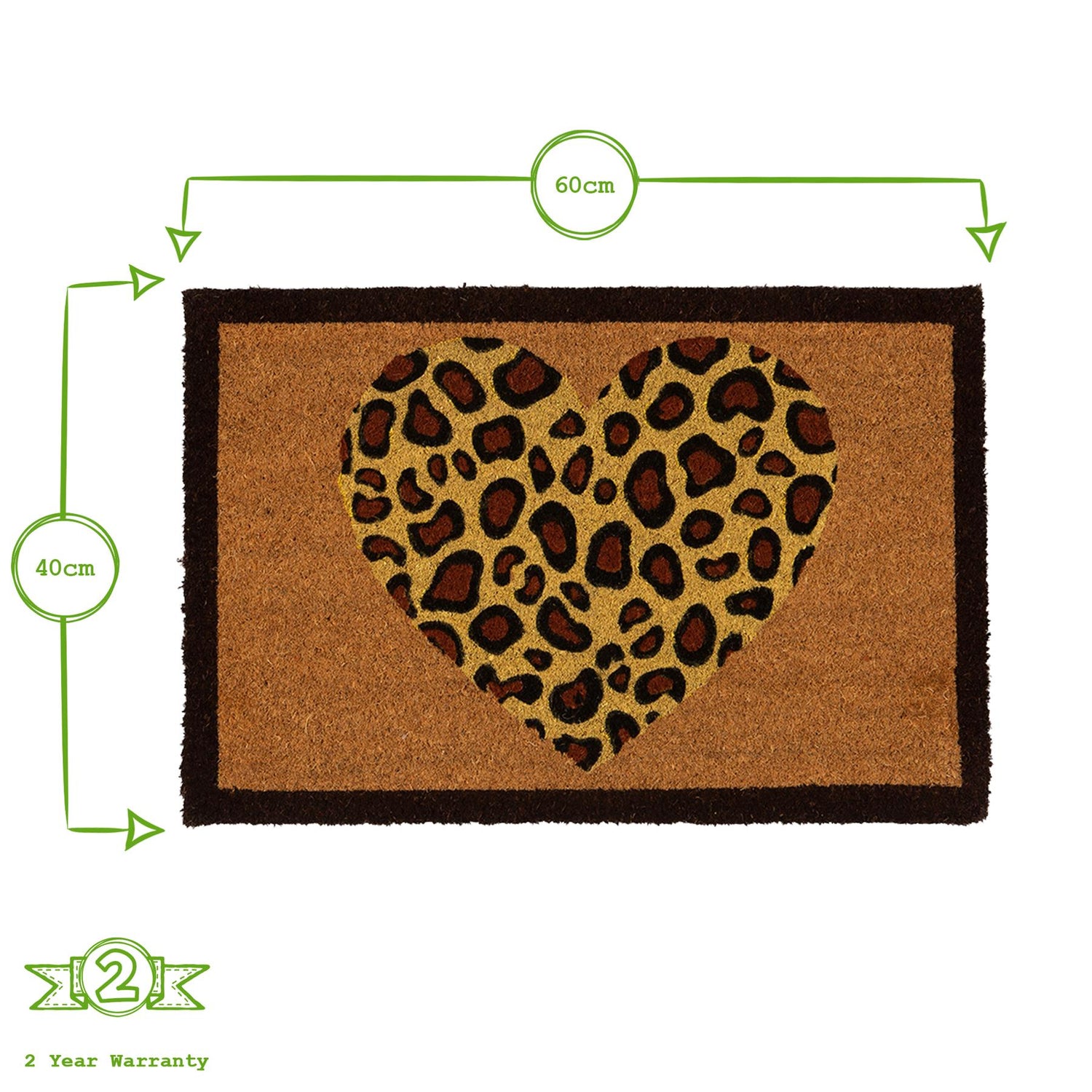 Coir Door Mat - 60 x 40cm - Leopard Heart