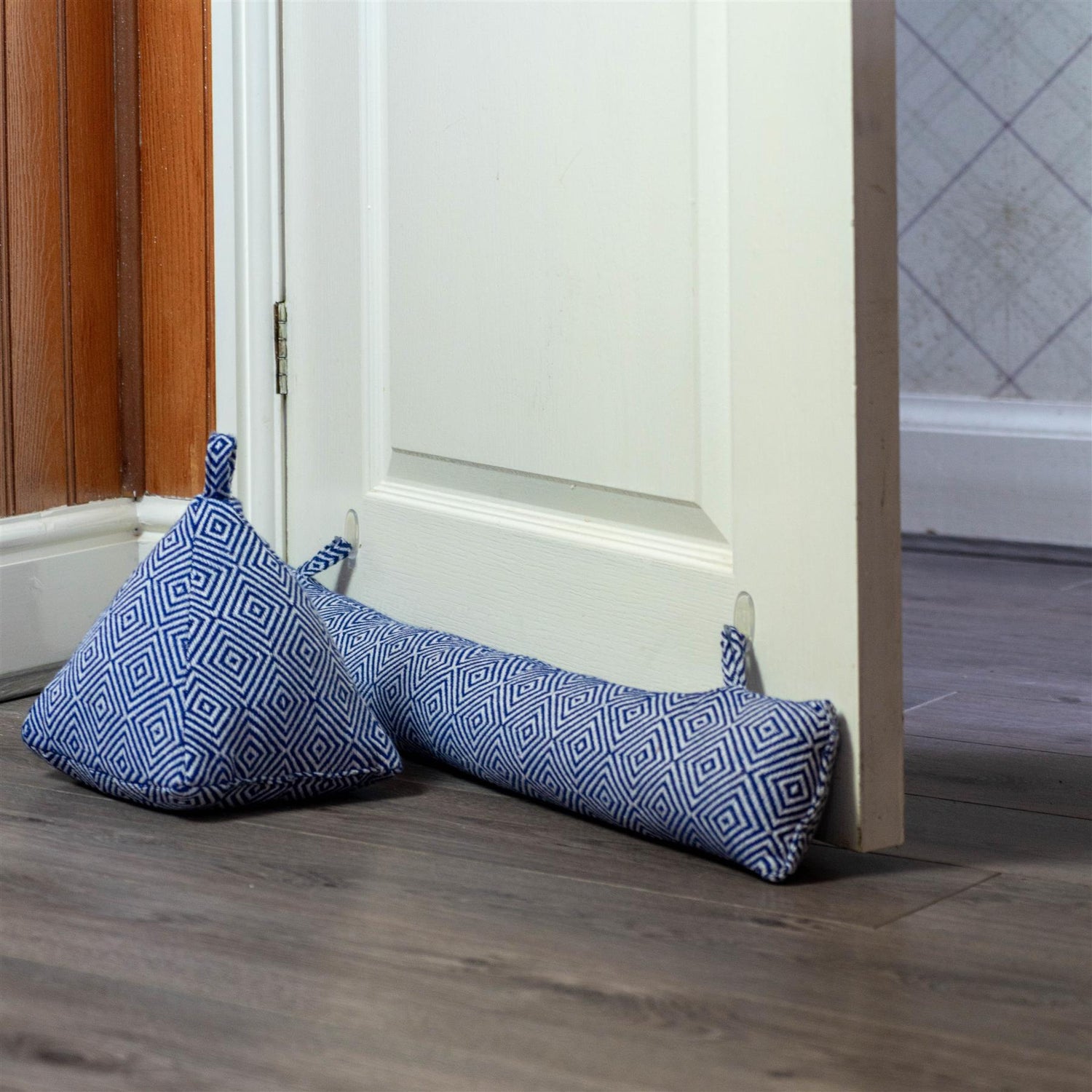 Nicola Spring Decorative Door Stop Blue 20cm Interior Door Lifestyle with Matching Draught Excluder