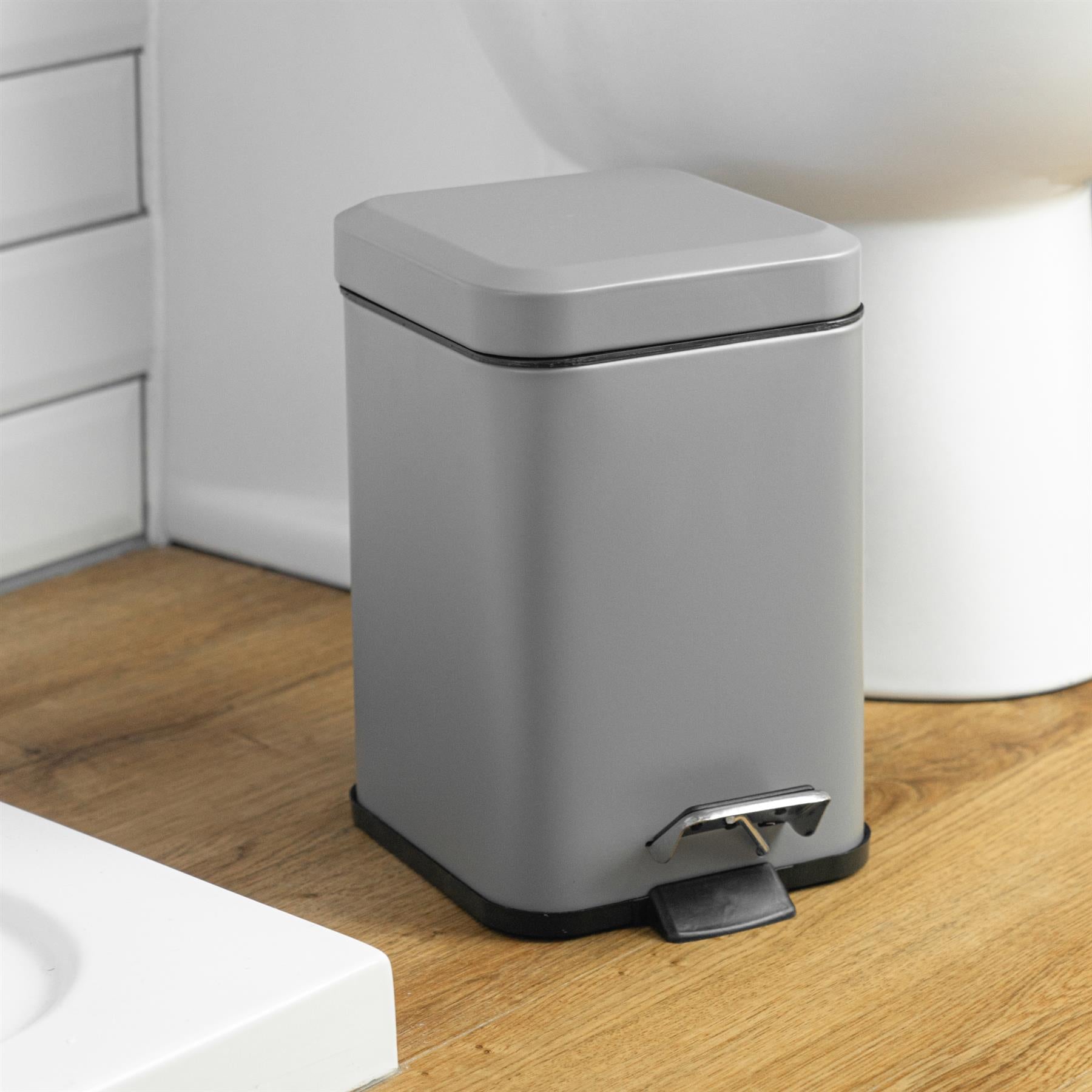 Harbour Housewares Square Steel Bathroom Pedal Bin - 3 Litres - Grey