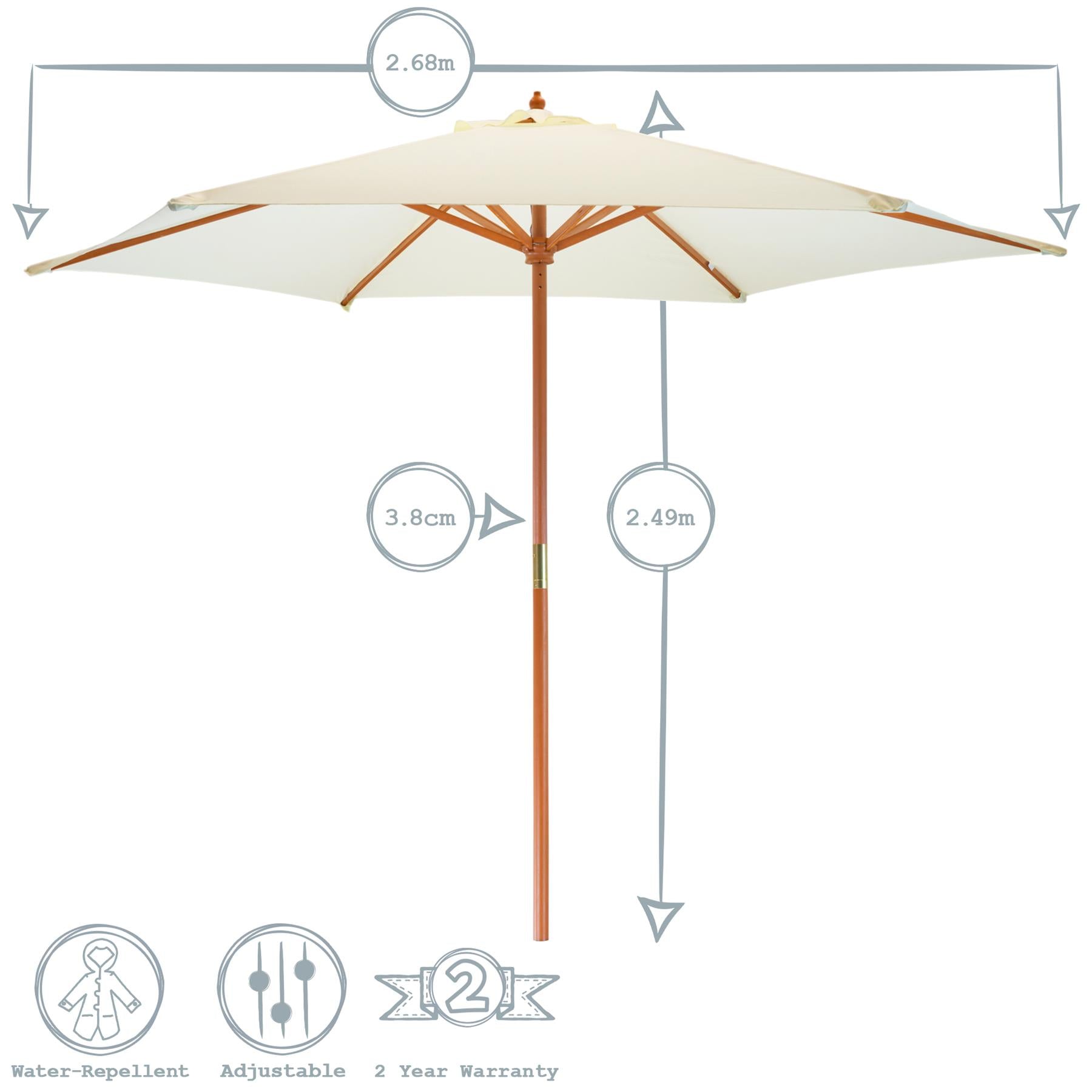 Harbour Housewares Garden Parasol - Wooden Frame - Stone