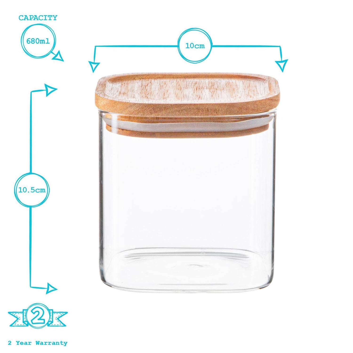 Square Glass Storage Jar with Wooden Lid - 680ml