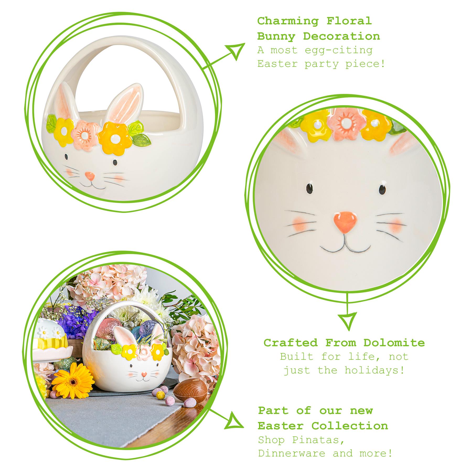 Yellow Flower Bunny Basket - 16.5cm - White