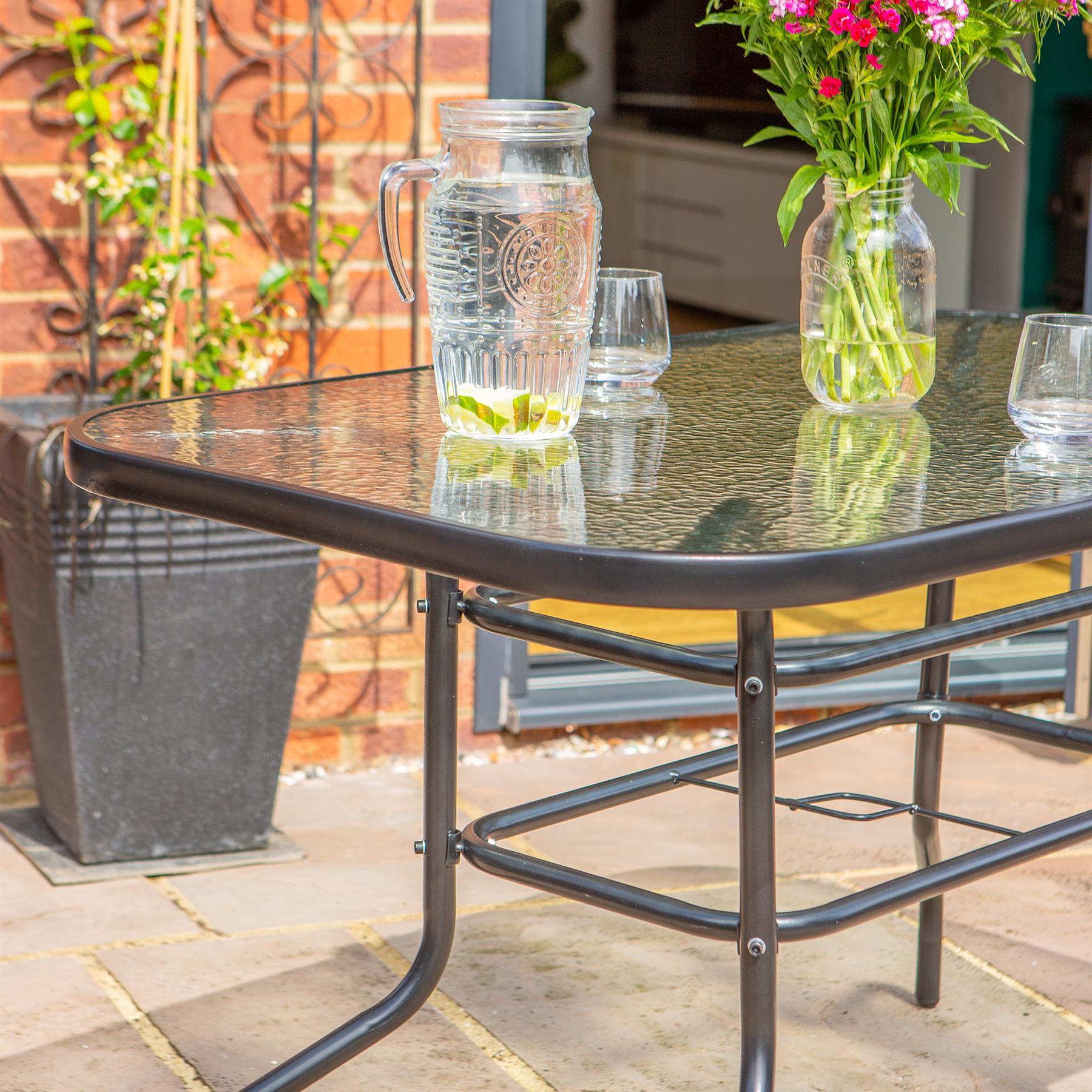 Metal Glass Top Garden Table - 120cm x 70cm - Black