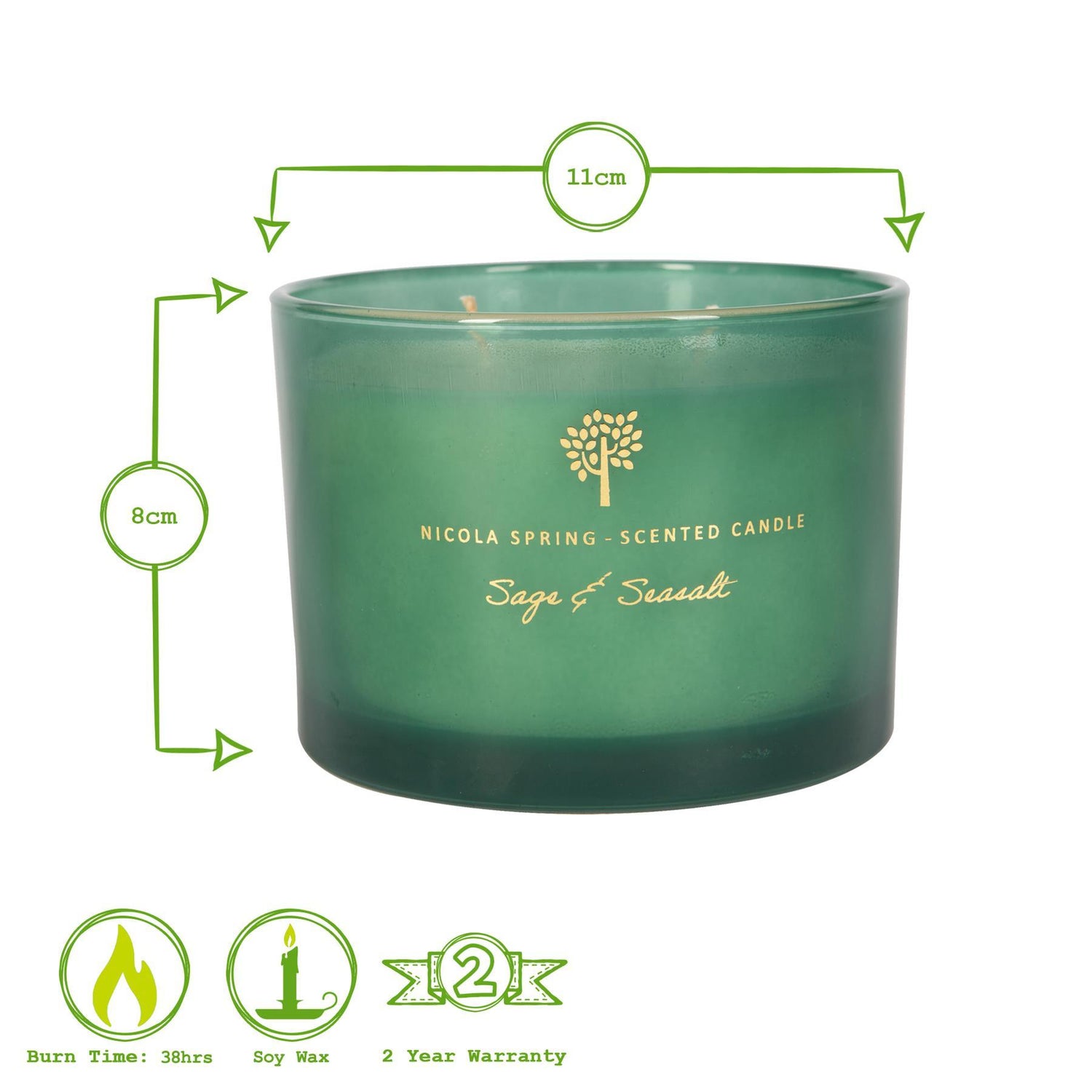 350g Double Wick Sage & Seasalt Soy Wax Scented Candle - by Nicola Spring