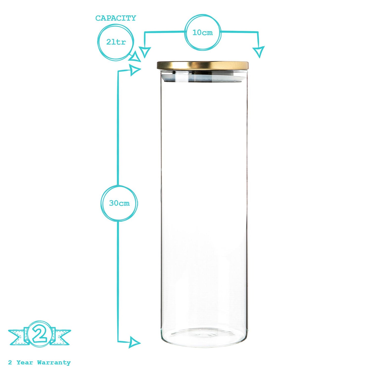 Glass Storage Jar with Metal Lid - 2 Litre - Gold